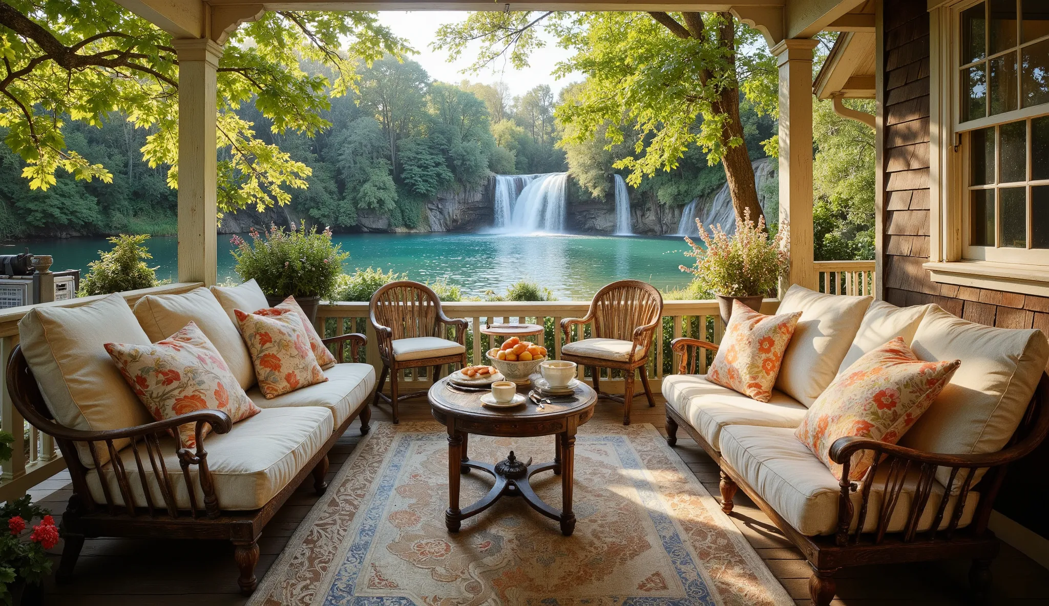 beside a lake, there are a Cozy porch seating with cushions gently shifting as leaves sway in the breeze and a waterfall cascades in the background, table with breakfast, beautiful spring morning, flowers, wonderful nature, photorealistic style with warm, ...