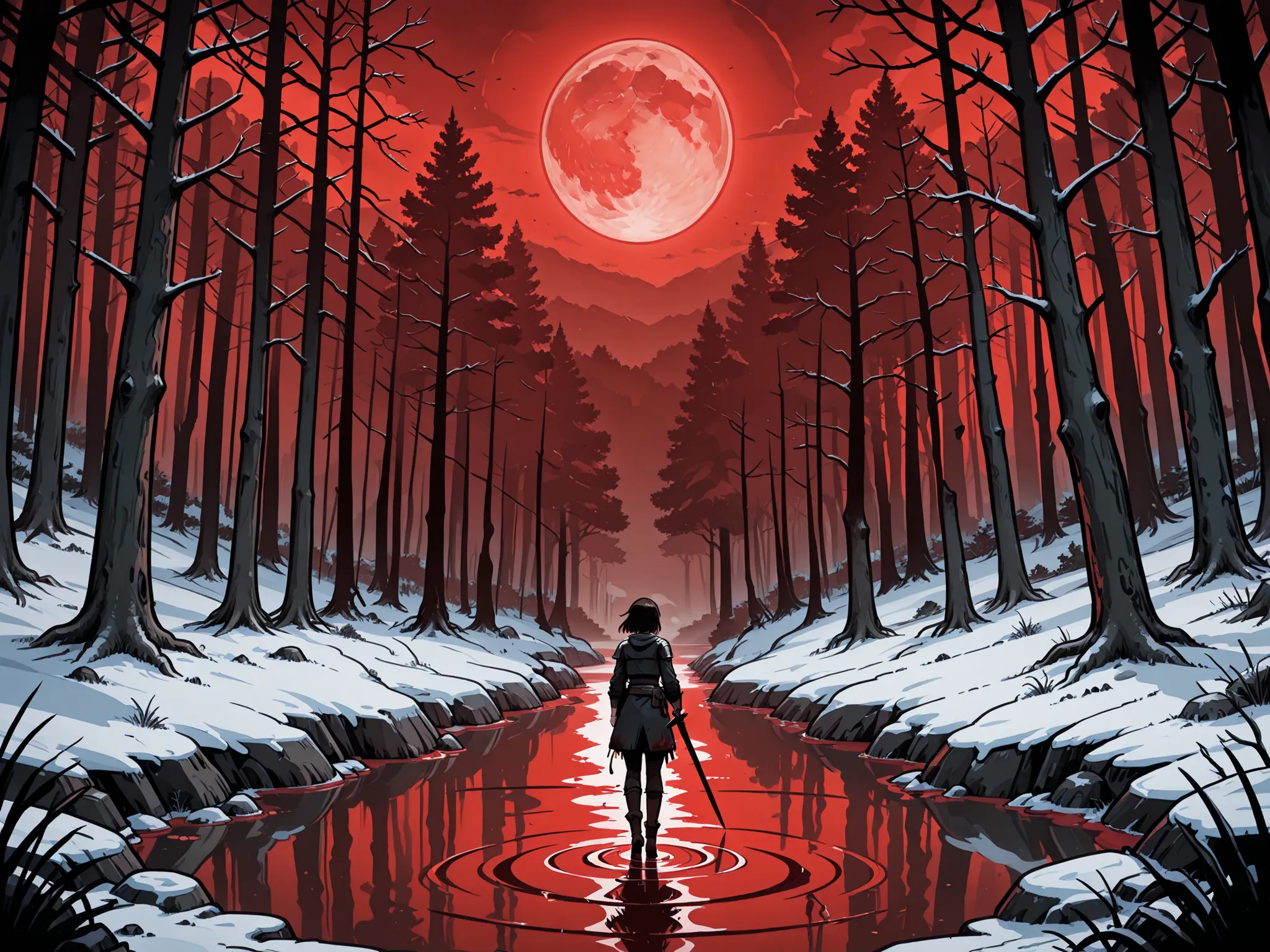 Bronzed forest in the middle of a blood moon
