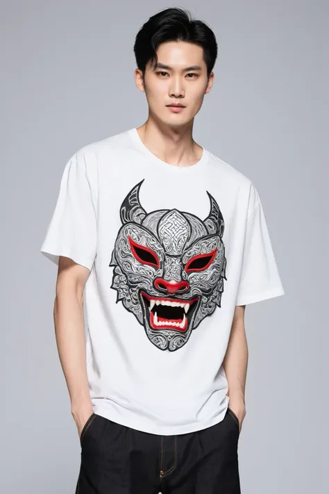 simple modern drama Themed menswear design hint：
slim round neck short sleeve cotton t-shirt，Digitally printed to present a Chinese drama fangtooth mask with geometric outlines，主色调红black撞色，shows the exaggerated shape of the beast's totem eyes；搭配black色直筒牛仔长...