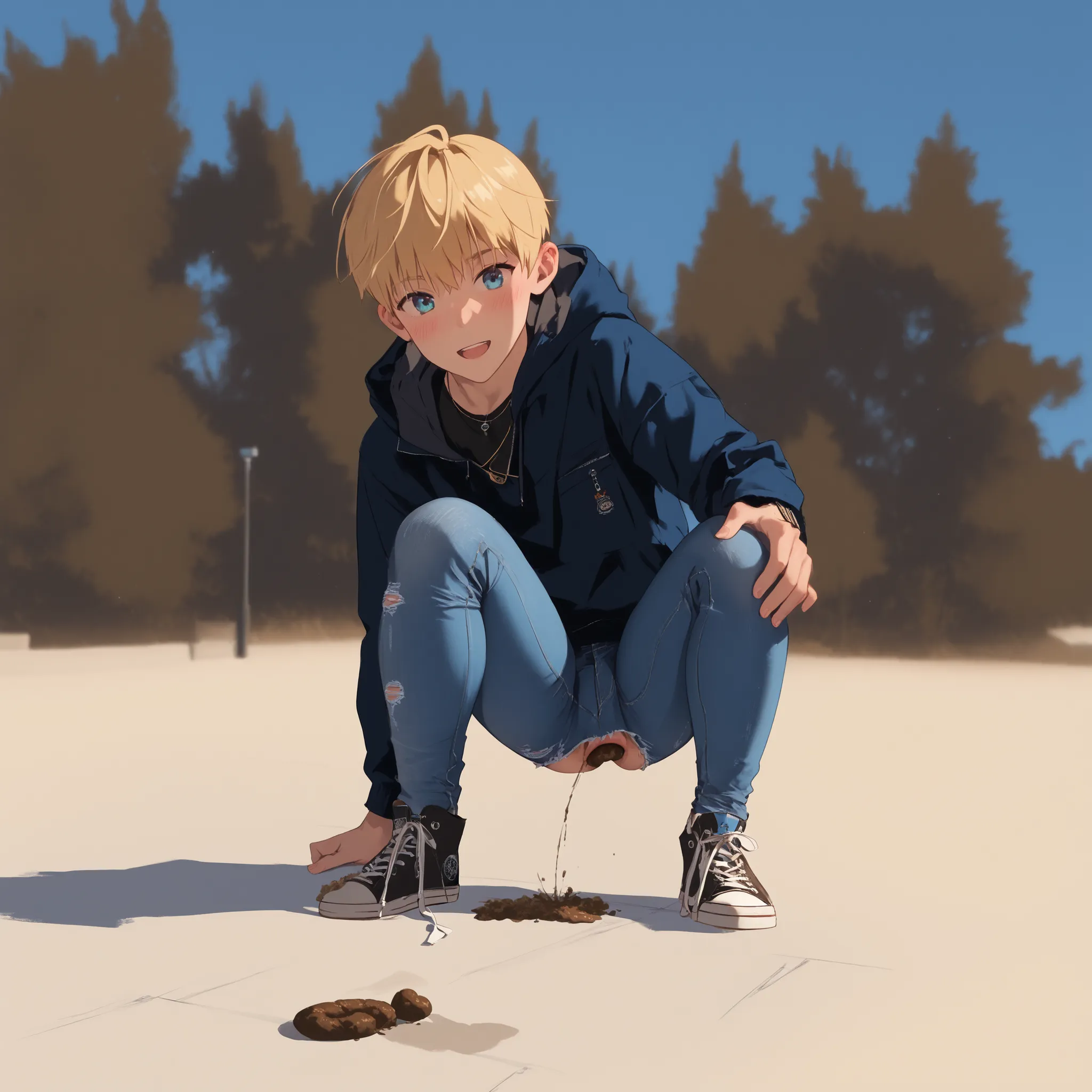 score_9, score_8_up, score_7_up, score_6, (masterpiece), best quality, Slim sporty boy 1boy, wearing hoodie, 1boy, (is lying,Legs lowered :1.1), (((Panty Poop ,nsfw, ass with poop)), internal, toilet,(((blush))) break, 1boy, blonde hair, (short bob, crew c...