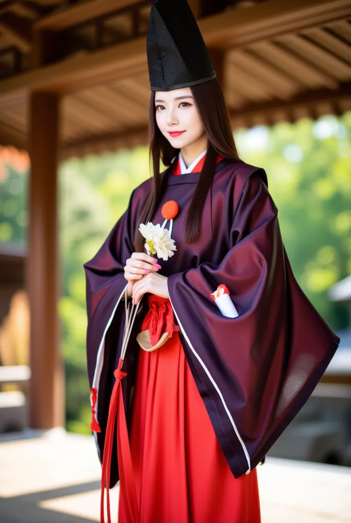 suikan, a portrait of an asian woman wears a suikan and red hakama and red sash, holding a small flower and standing in a temple 