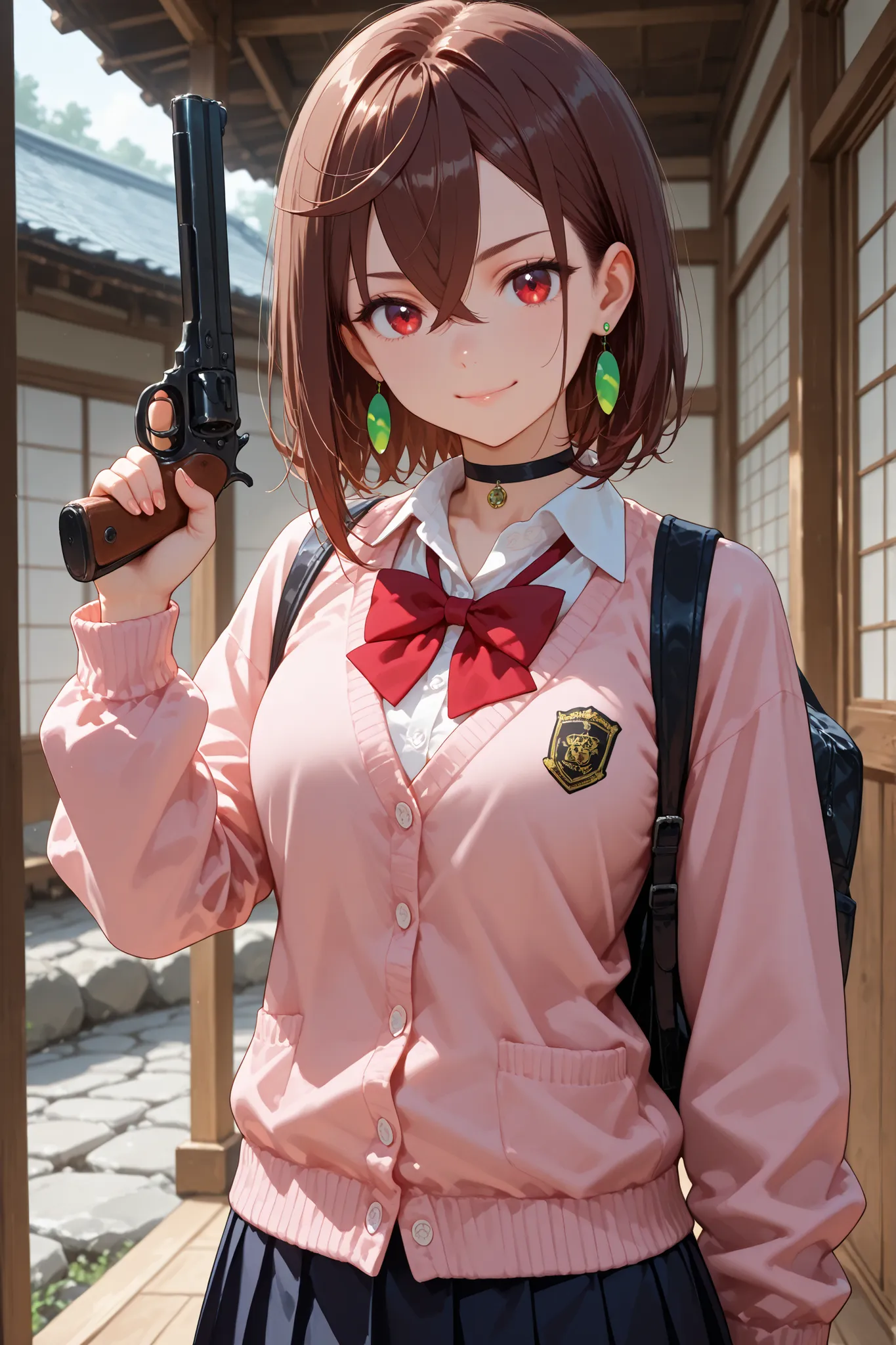 1girl, ayase momo, hair between eyes, crossed bangs, green earrings,  brown hair, red eyes, black choker, short hair, white shirt, red bowtie,pleated skirt,school uniform, pink cardigan, long sleeves, fingernails, standing, traditional Japanese house, fron...