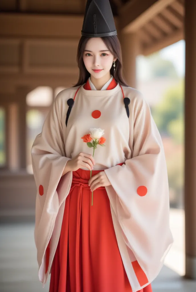 suikan, japanese painting. a portrait of an asian woman wears a suikan and red hakama and red sash, holding a small flower and standing in a temple . she is smiling . atmosphere is dreamlike and extremely soft.