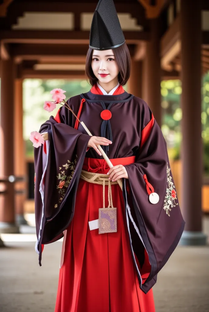 suikan, a portrait of an asian woman wears a suikan and red hakama and red sash, holding a small flower and standing in a temple 