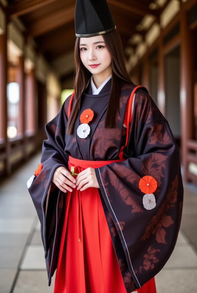 suikan, a portrait of an asian woman wears a suikan and red hakama and red sash, holding a small flower and standing in a temple 