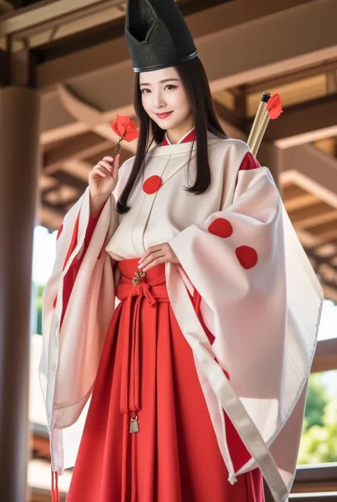 suikan, japanese painting. a portrait of an asian woman wears a suikan and red hakama and red sash, holding a small flower and standing in a temple . she is smiling . atmosphere is dreamlike and extremely soft.