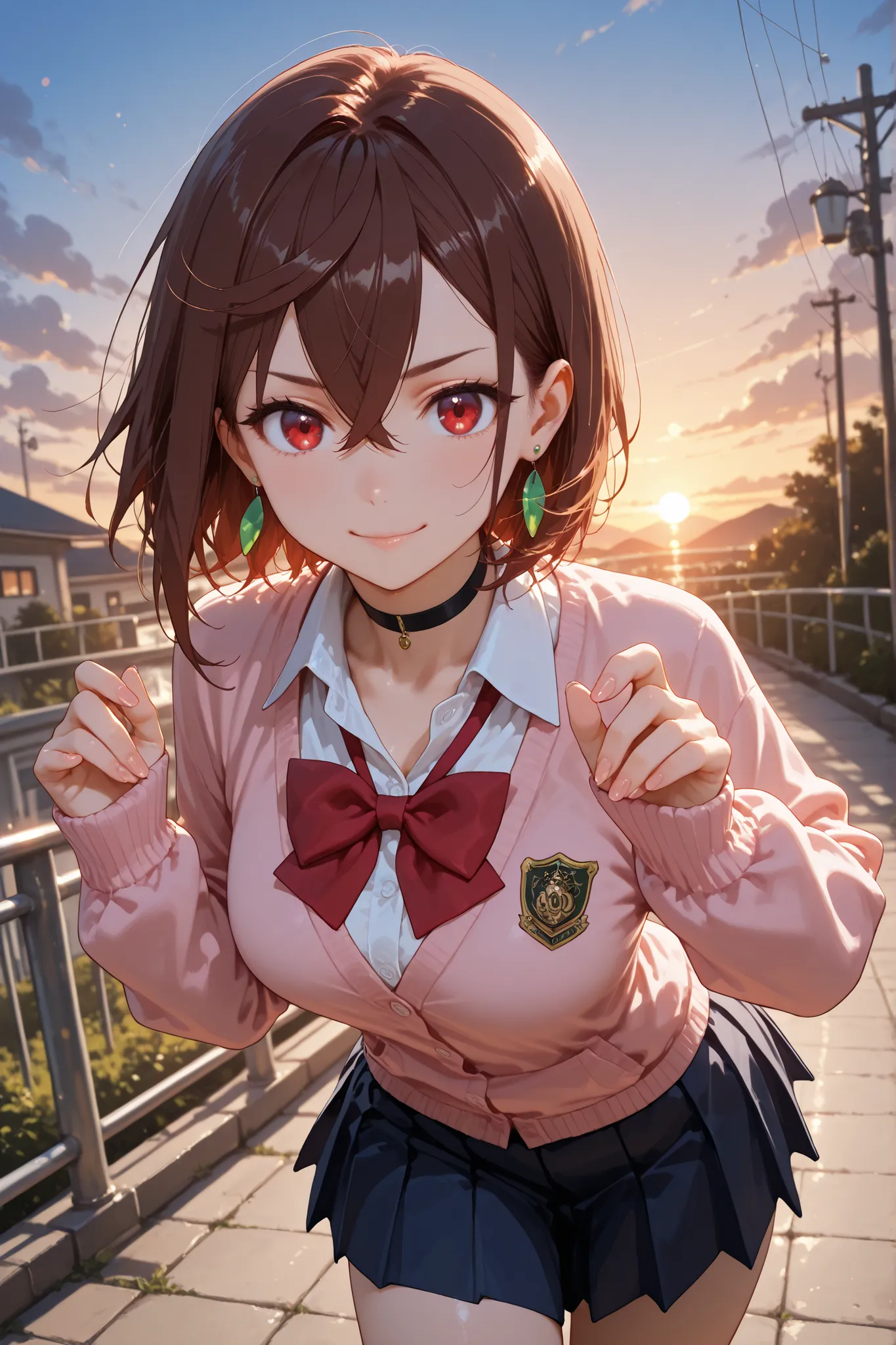 1girl, Ayase Momo, hair between eyes, crossed bangs, green earrings,  brown hair, red eyes, black choker, short hair, white shirt, red bowtie,pleated skirt,school uniform, pink cardigan, long sleeves, fingernails, outdoors, in front of the school, sunset, ...