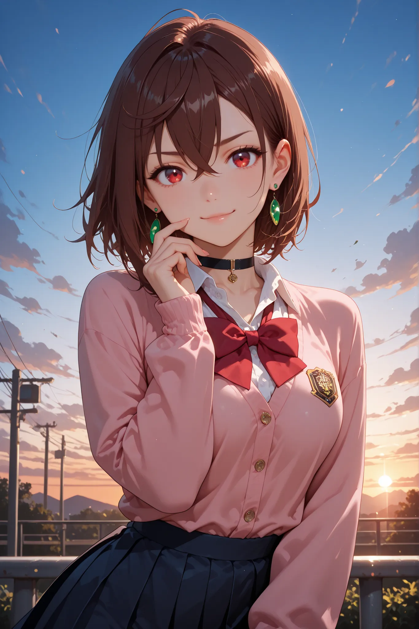 1girl, Ayase Momo, hair between eyes, crossed bangs, green earrings,  brown hair, red eyes, black choker, short hair, white shirt, red bowtie,pleated skirt,school uniform, pink cardigan, long sleeves, fingernails, outdoors, in front of the school, sunset, ...