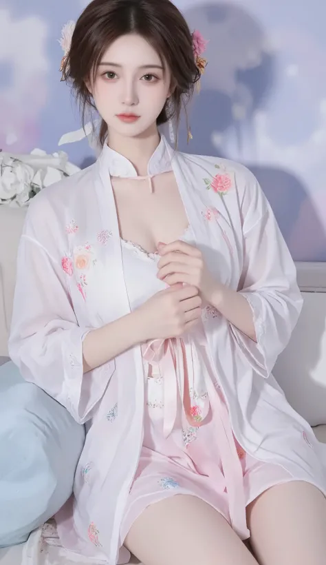 robe, 1 girl, [[ eyes, 白flower, ribbon, Chest, 白色 Chinese clothing , Chinese clothing , skirt, flower, Gradient , Gradient background, embroidered ball flower, Watch the audience, small Chest, white pantyhose, Single, thigh 连裤袜