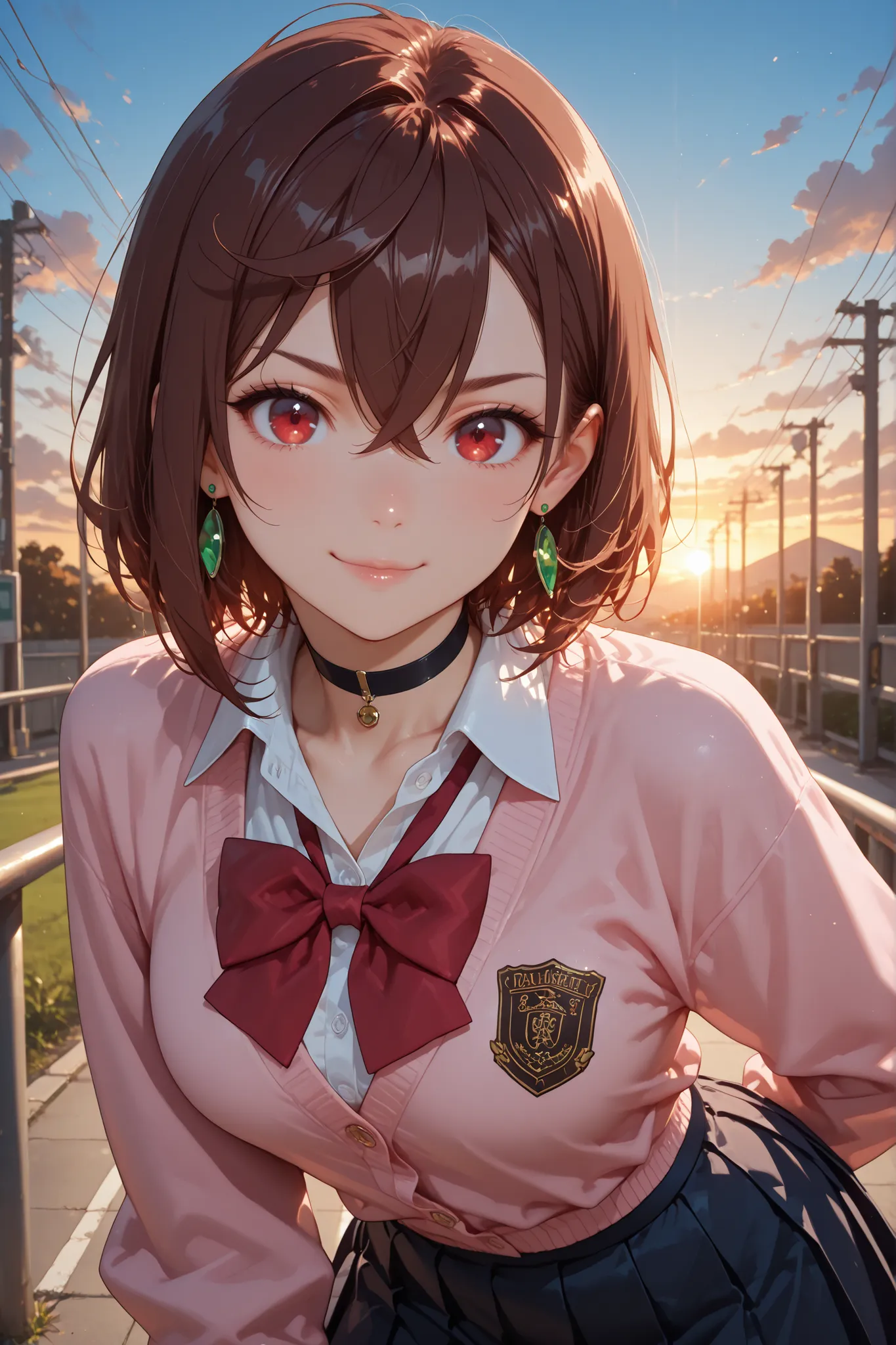 1girl, Ayase Momo, hair between eyes, crossed bangs, green earrings,  brown hair, red eyes, black choker, short hair, white shirt, red bowtie,pleated skirt,school uniform, pink cardigan, long sleeves, fingernails, outdoors, in front of the school, sunset, ...
