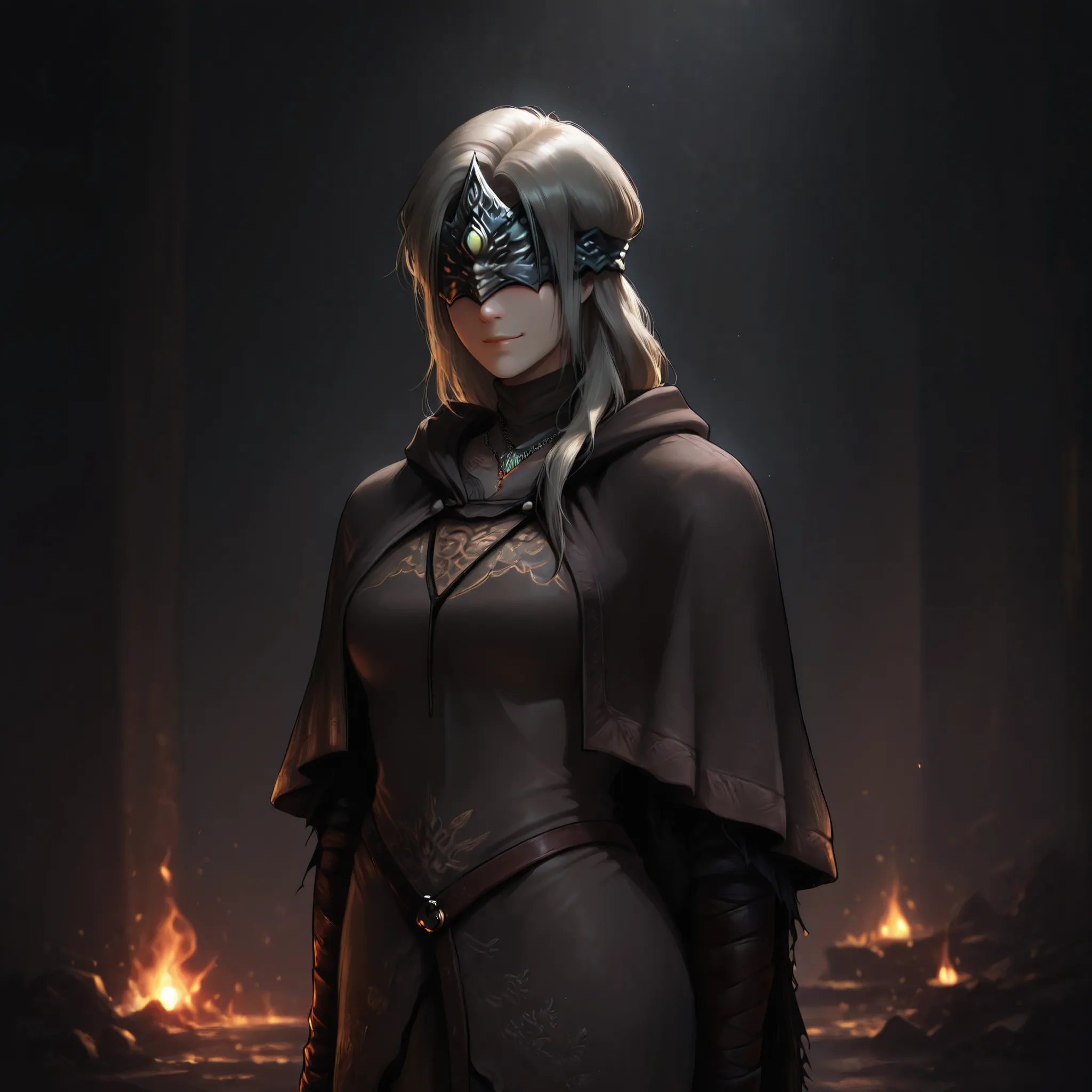 masterpiece,best quality,amazing quality, absurdres,  firekeeper_Dark_Souls_3, firekeeperill, standing, clothing, eyewear, smiling, 