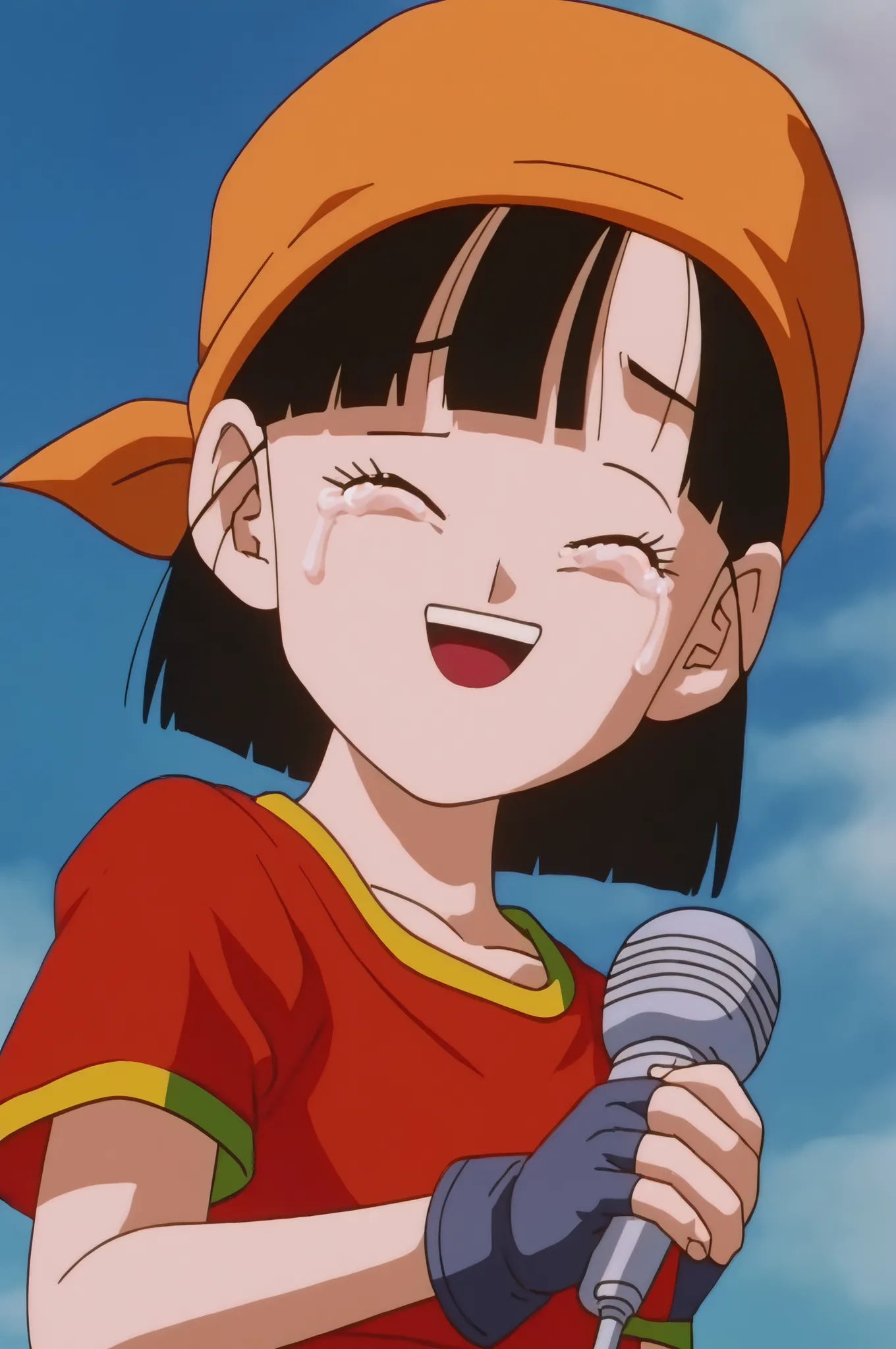source_anime, score_9, score_8_up, score_7_up, anime screencap, absurdres, high quality,
pan \(dragon ball\), dragon ball gt, 1 girl, alone, looking at viewer, smile, short hair, bangs, black hair, collarbone, upper body, gold trim, short sleeves, sky, day...