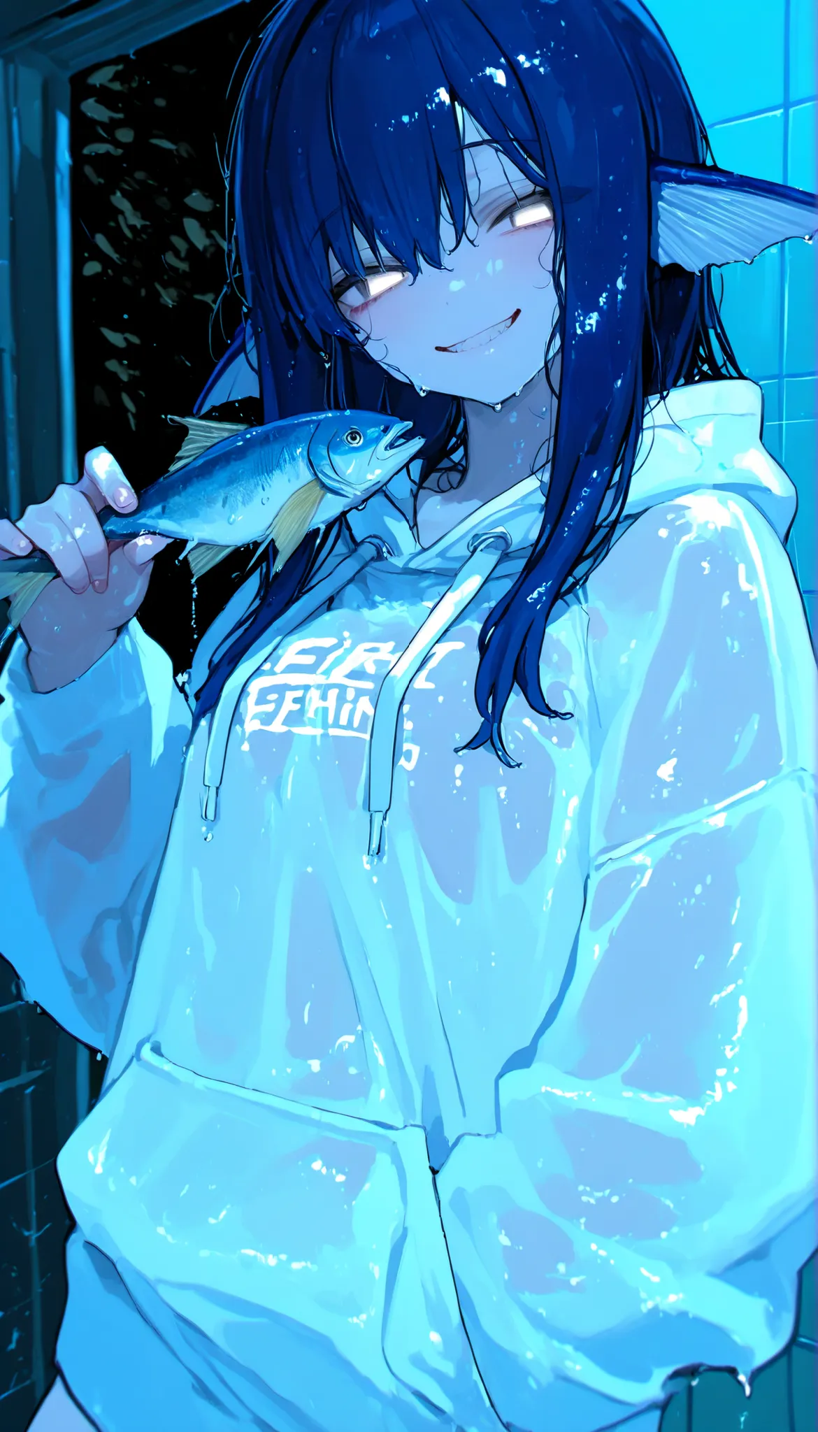 1girl, white graphic hoodie, fish fins, fish girl, holding fish in each hand, grinning, dark blue hair, white eyes, wet skin