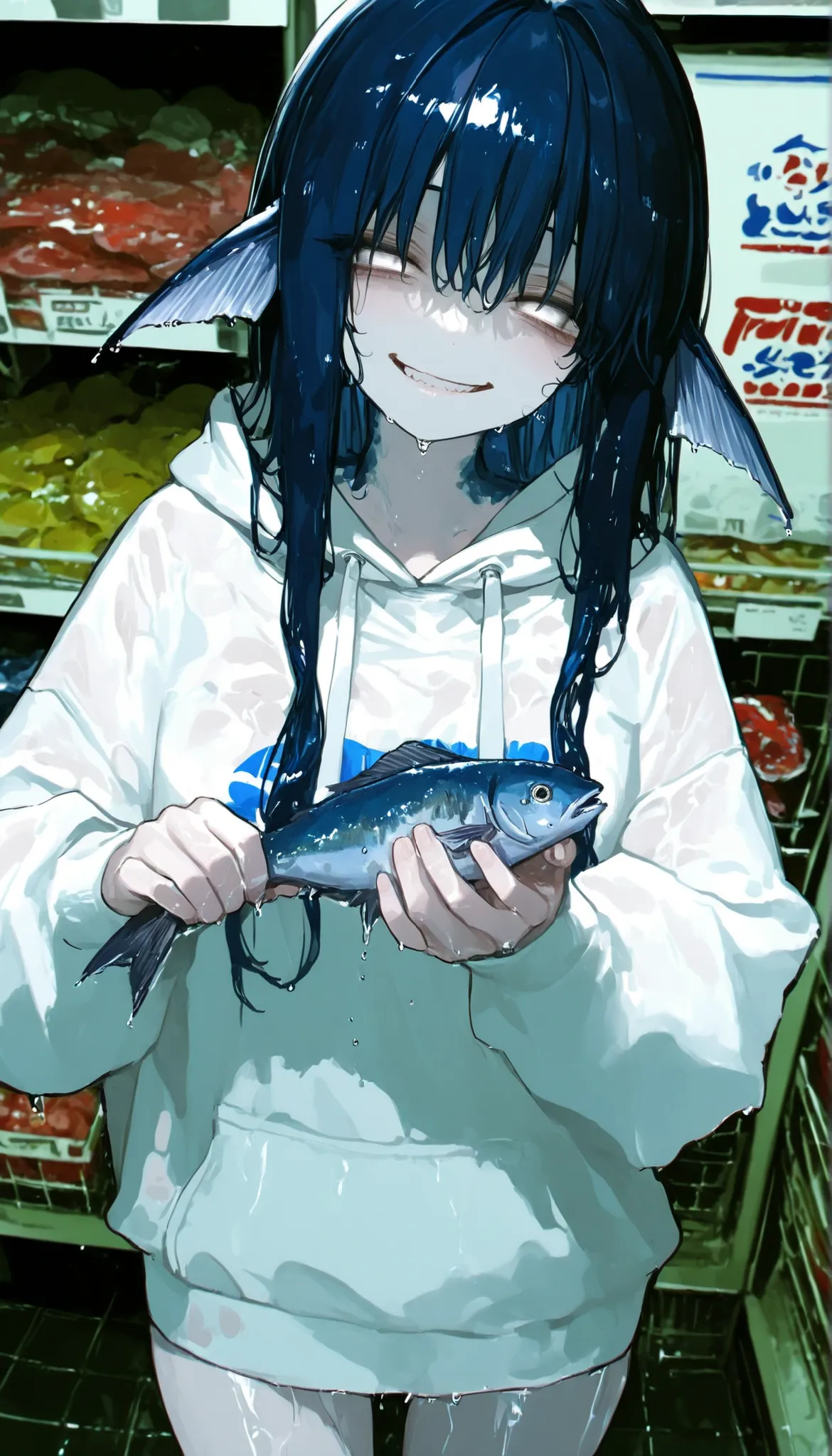 1girl, white graphic hoodie, fish fins, fish girl, holding fish in each hand, grinning, dark blue hair, white eyes, wet skin, store background