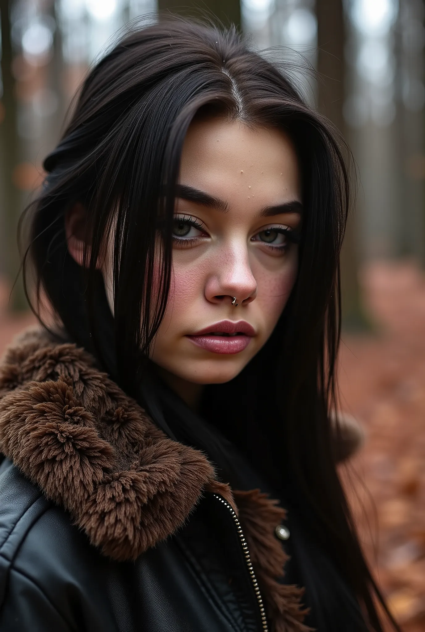 Photo of a woman (compassionate facial expression), ultra-textured skin, goosebumps on the skin, black hair half pulled up and half down,face looking flat into the camera, full-face, fur-lined jacket with skinny jeans and beans, group profile, towering anc...