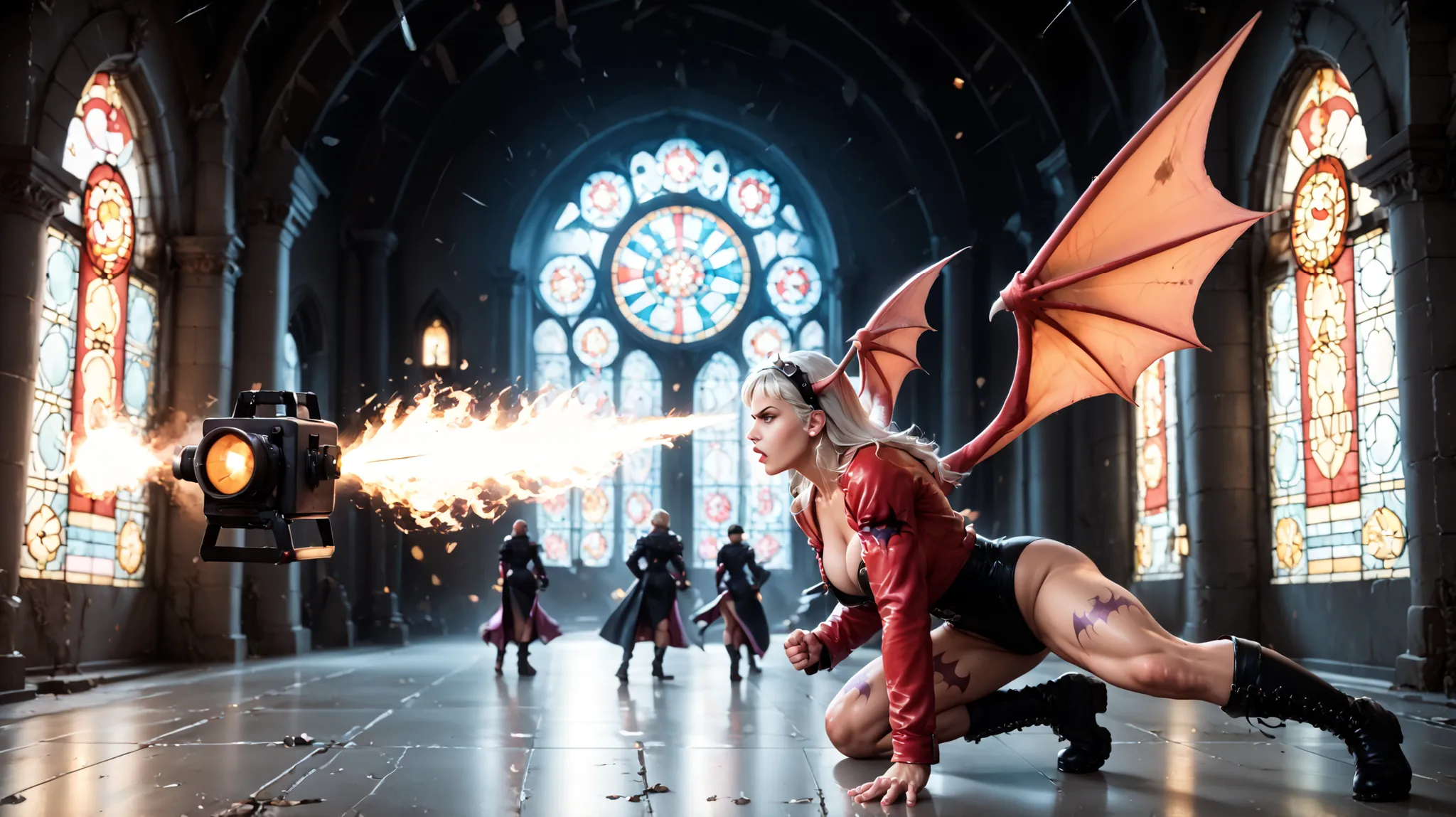 A powerful battle scene inside an ancient, abandoned gothic castle. Sol Badguy stands on the left, in an aggressive fighting stance, holding his iconic fire sword, flames burning around him. He's wearing his red jacket and headband, muscular, determined ex...