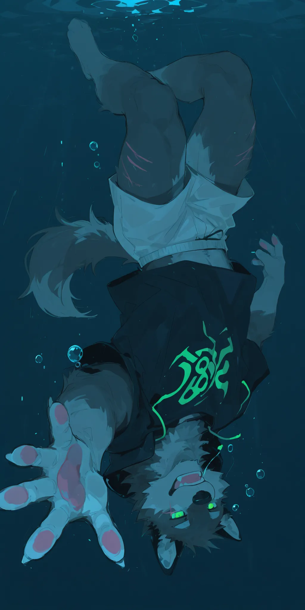 1 Uncle,(((middle-aged_male:1.5))),old_man:0.5,Gray Wolf,furry, front view,green eyes,gray fur,Black feathers falling,black ears,light blue t-shirt,white shorts,strong ones falling,shorts,hooded jacket,barefoot,bubble,underwater,expressionless,dark_theme,s...
