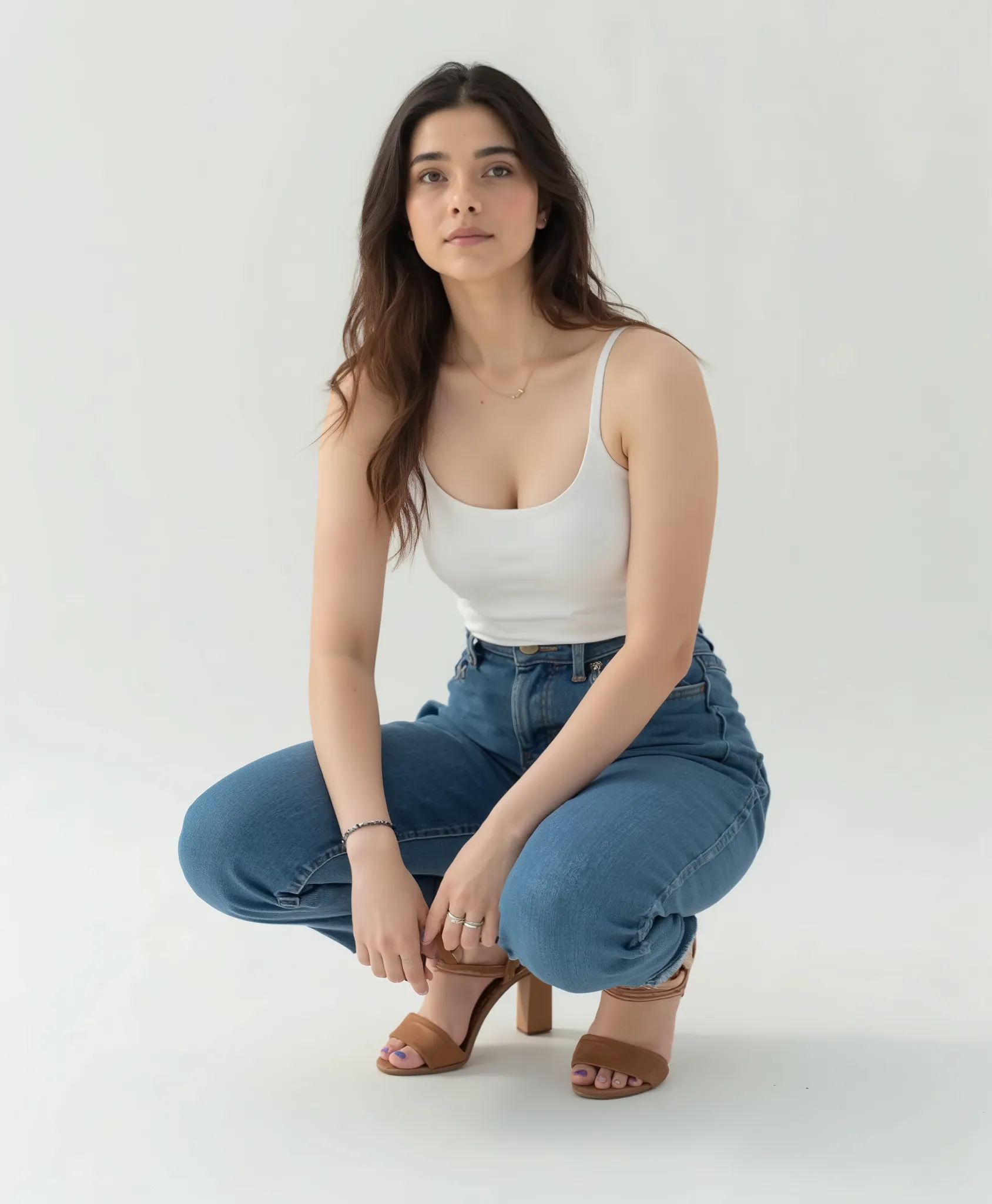 1M4N  , Portrait of a beautiful   woman squatting down in a minimalist studio, wearing a white tank top and blue high-waisted jeans, brown strappy block-heel sandals, clean background, soft lighting, sharp focus, casual pose, neutral expression, realistic ...
