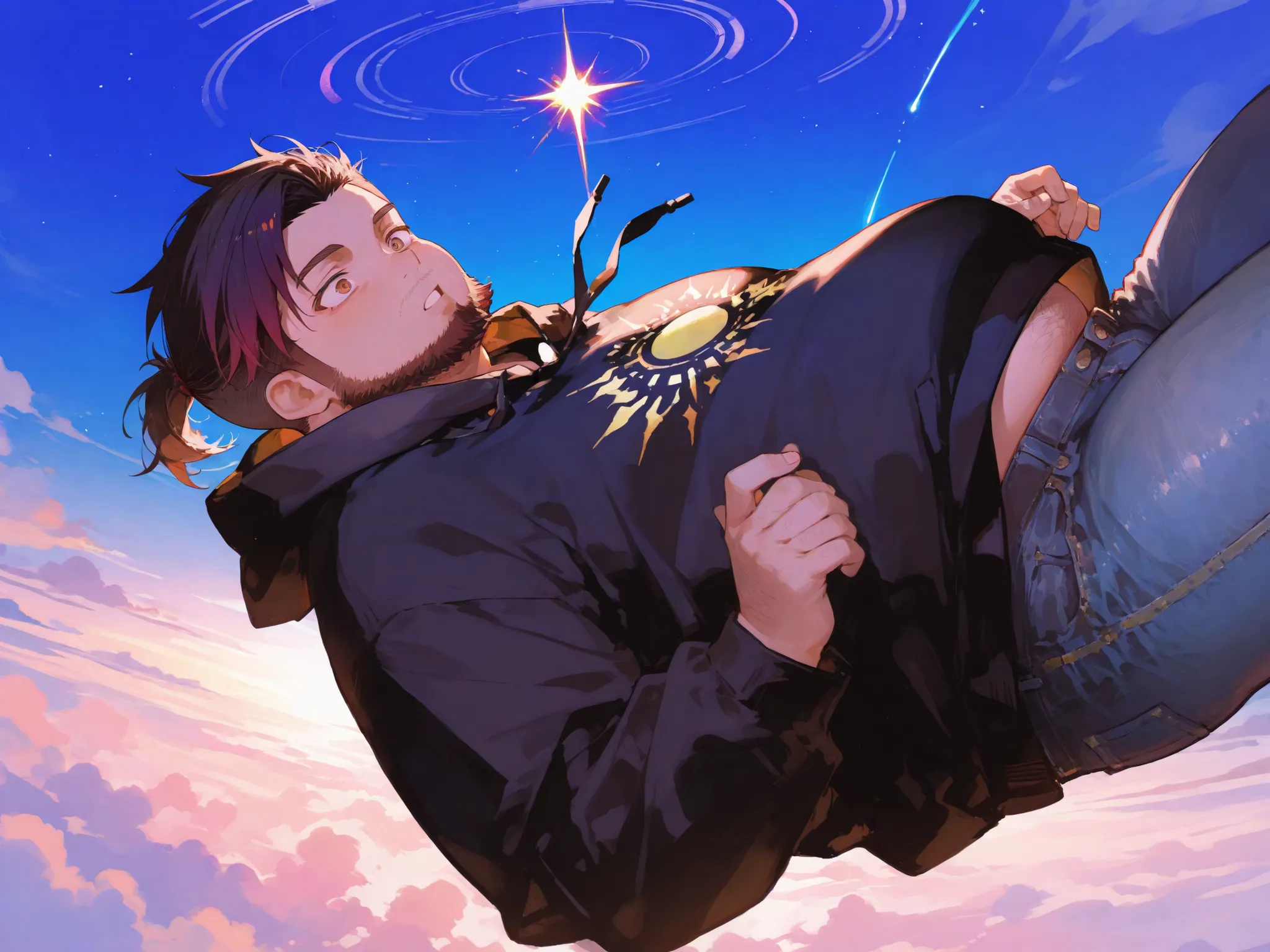 Sttuble, fat, chubby, male, sky, ponytail, shaved sides, brown eyes, dark hair, hairy, beard, black hoodie, falling, falling through sky, isekai, bright colors, falling to the earth, fantasy, anime, no game no life, shocked!, jeans, vibrant colors, saturat...