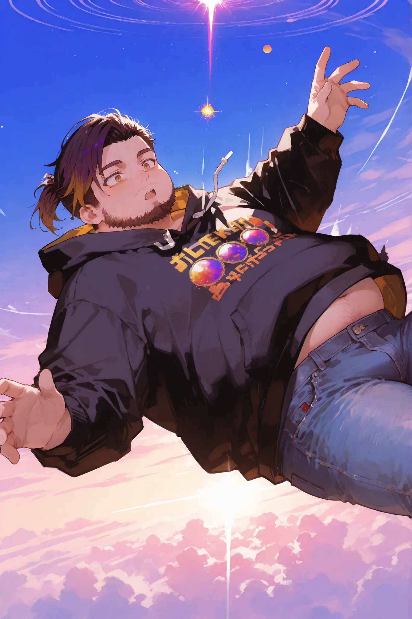 Sttuble, fat, chubby, male, sky, ponytail, shaved sides, brown eyes, dark hair, hairy, beard, black hoodie, falling, falling through sky, isekai, bright colors, falling to the earth, fantasy, anime, no game no life, shocked!, jeans, vibrant colors, saturat...