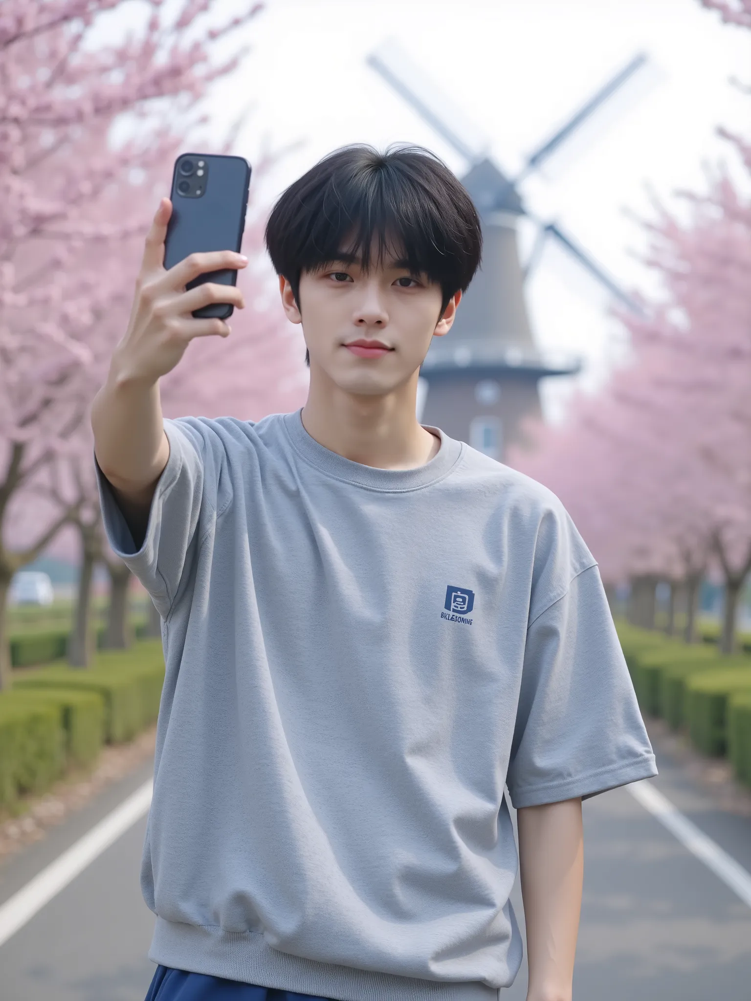1boy, masterpiece, Realistic, best quality, Ultra high resolution, absurd, a Japanese male college student holding a selfie with his phone, Background is a country walk with cherry blossoms dancing, young, Very Handsome, perfect face, Black Short Hair, Ha...