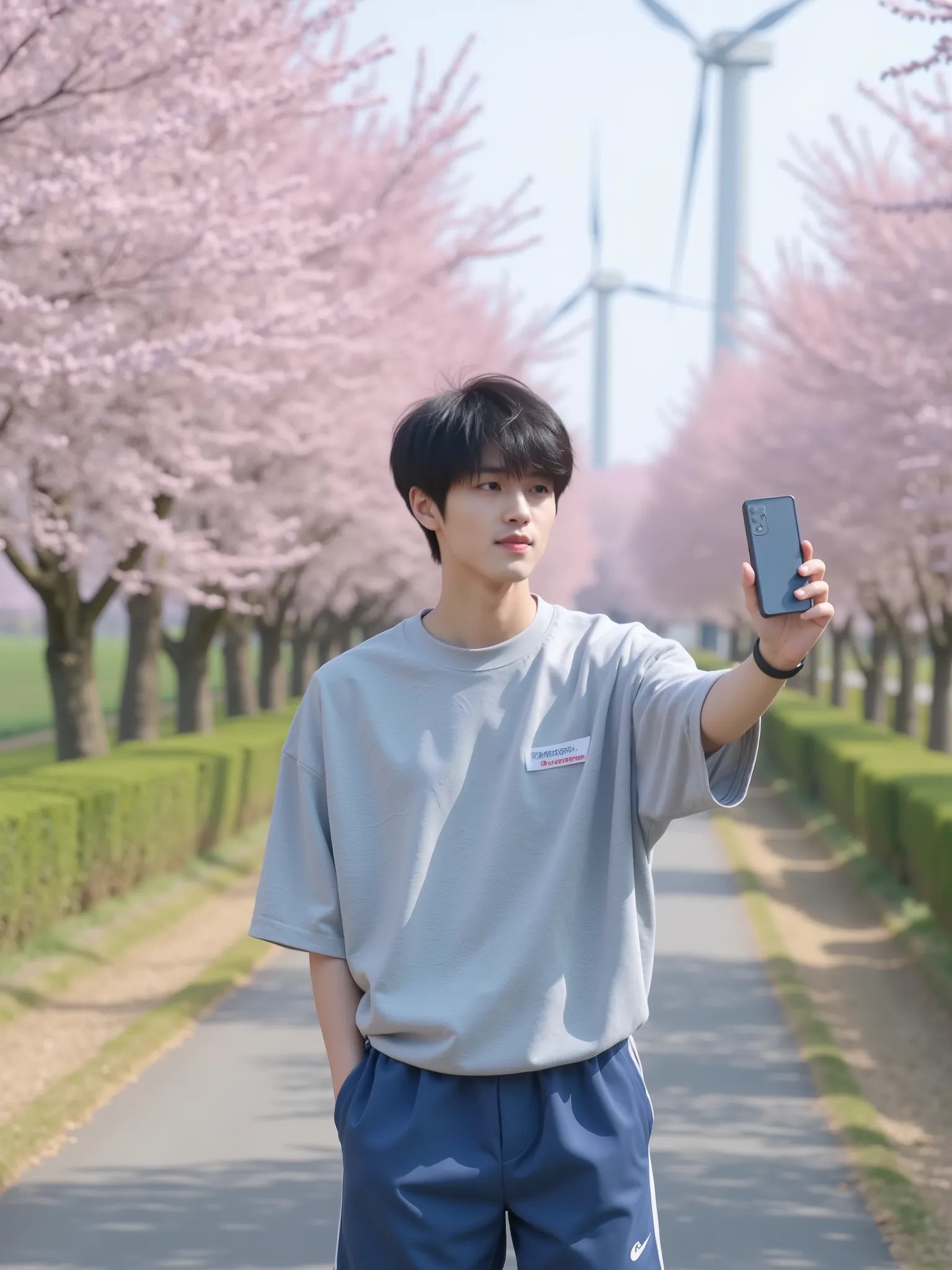 1boy, masterpiece, Realistic, best quality, Ultra high resolution, absurd, A Japanese male college student holding a cellphone selfie, Background is a country walk with cherry blossoms dancing, young, Very Handsome, perfect face, Black Short Hair, Hairsty...