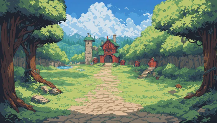 anime style, peaceful lakeside Japanese street, traditional wooden shops with hanging signs, clear blue sky with large fluffy clouds, bright sunlight casting shadows, crystal-clear water with visible stones, cobblestone path along the lake, lush green tree...