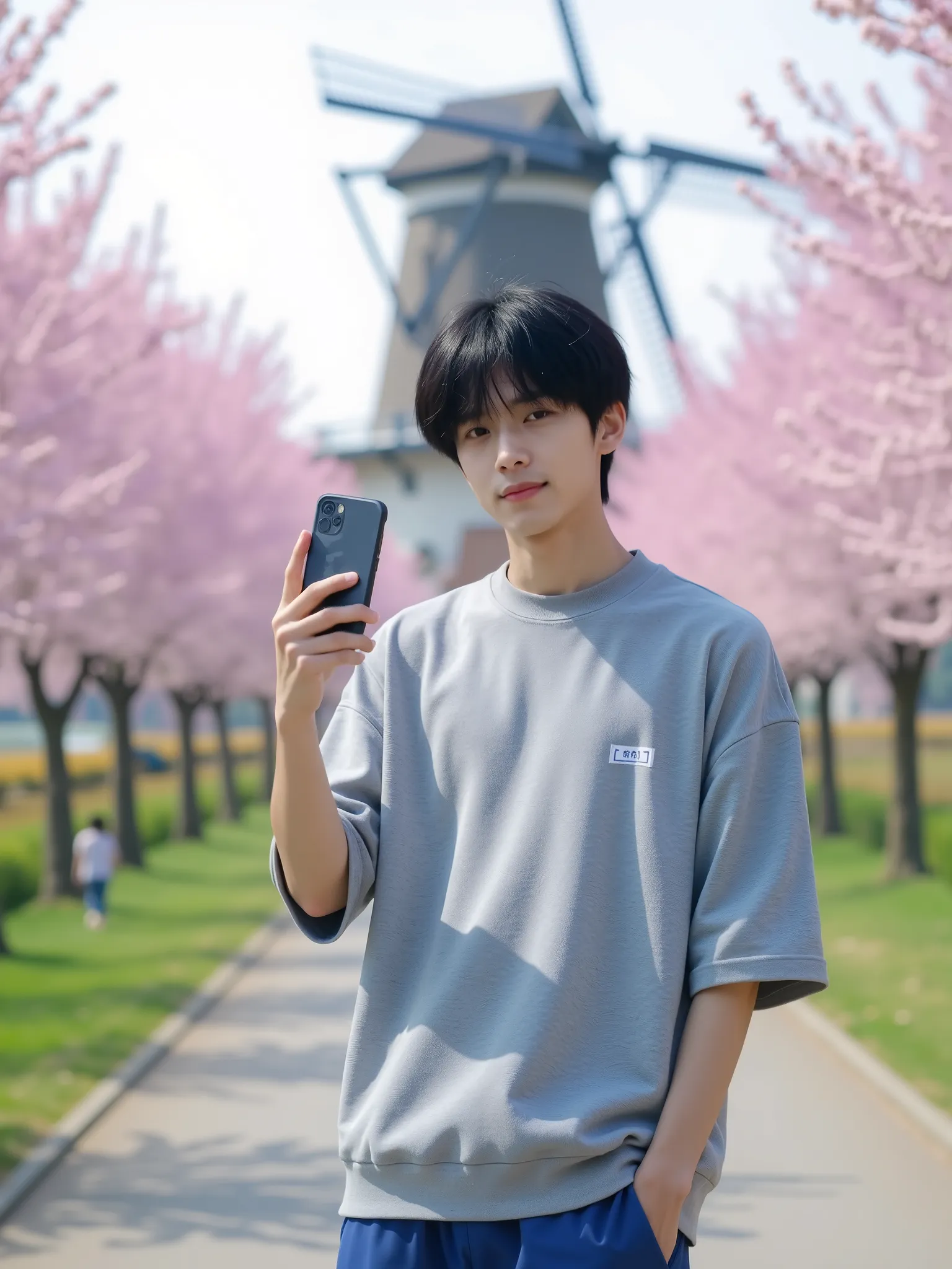 1boy, masterpiece, Realistic, best quality, Ultra high resolution, absurd, a Japanese male college student holding a selfie with his phone, Background is a country walk with cherry blossoms dancing, young, Very Handsome, perfect face, Black Short Hair, Ha...