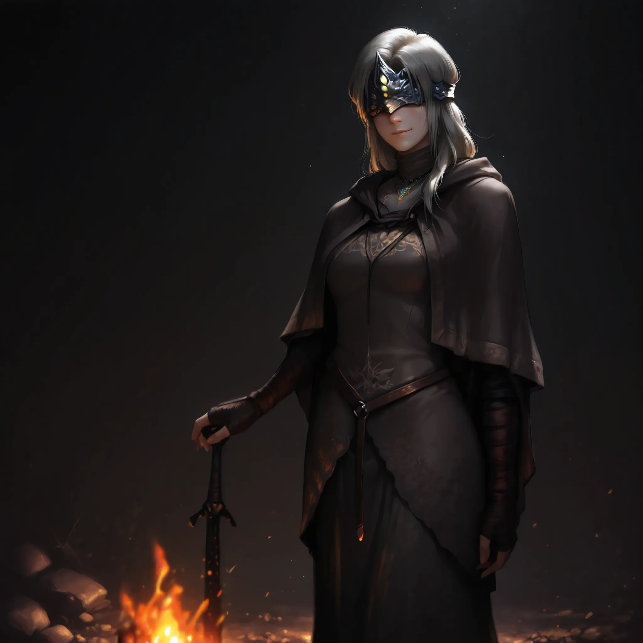 masterpiece,best quality,amazing quality, absurdres, firekeeper_Dark_Souls_3, firekeeperill, standing, clothing, eyewear, smiling, offering her hand to viewer, a bonfire with a sword inside behind her