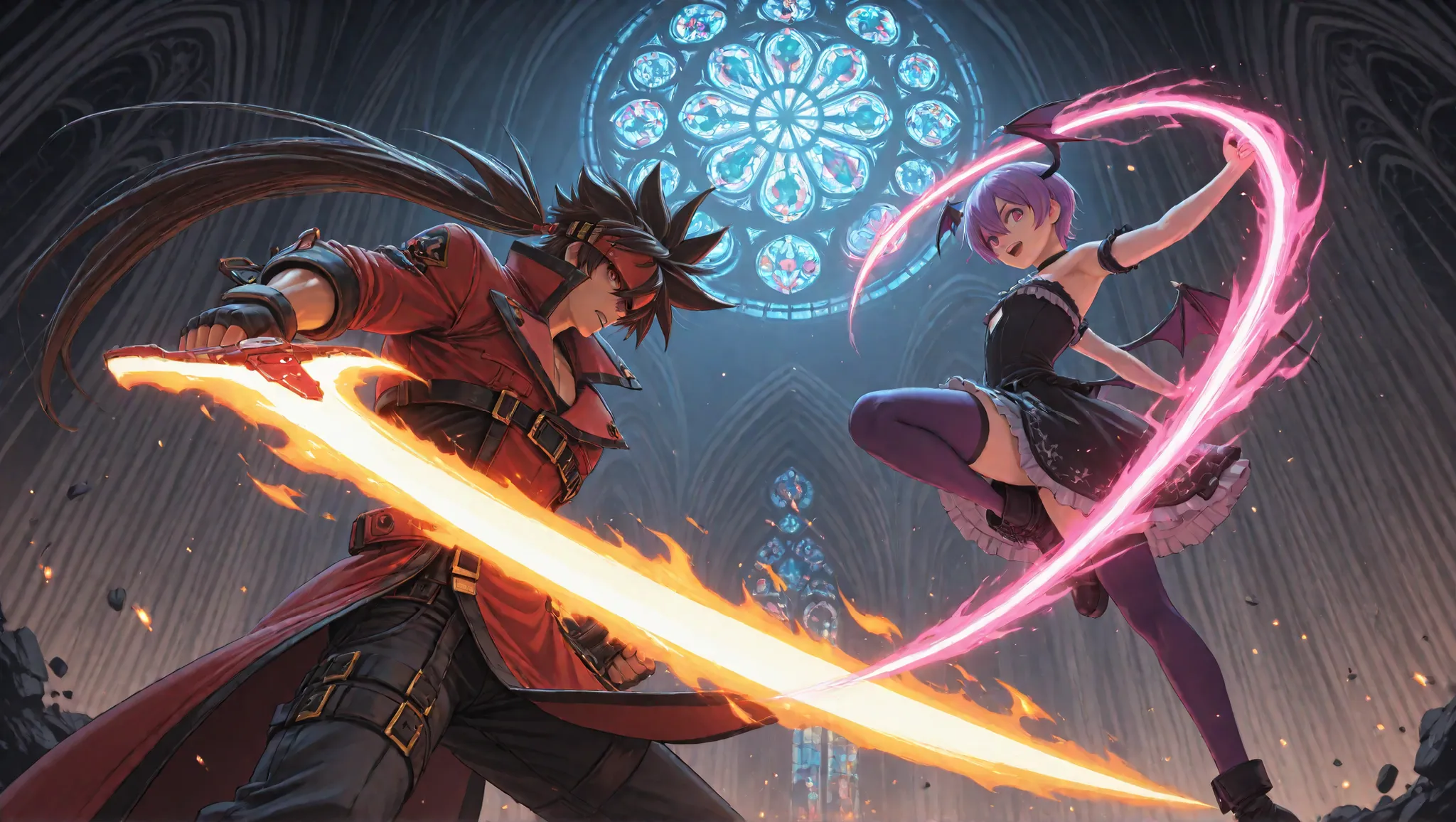Epic anime-style battle inside a gothic cathedral with shattered stained glass windows. Sol Badguy is on the left, wielding his fire sword in a dramatic pose, flames and energy bursting from his blade. His red coat and headband are flowing, with exaggerate...