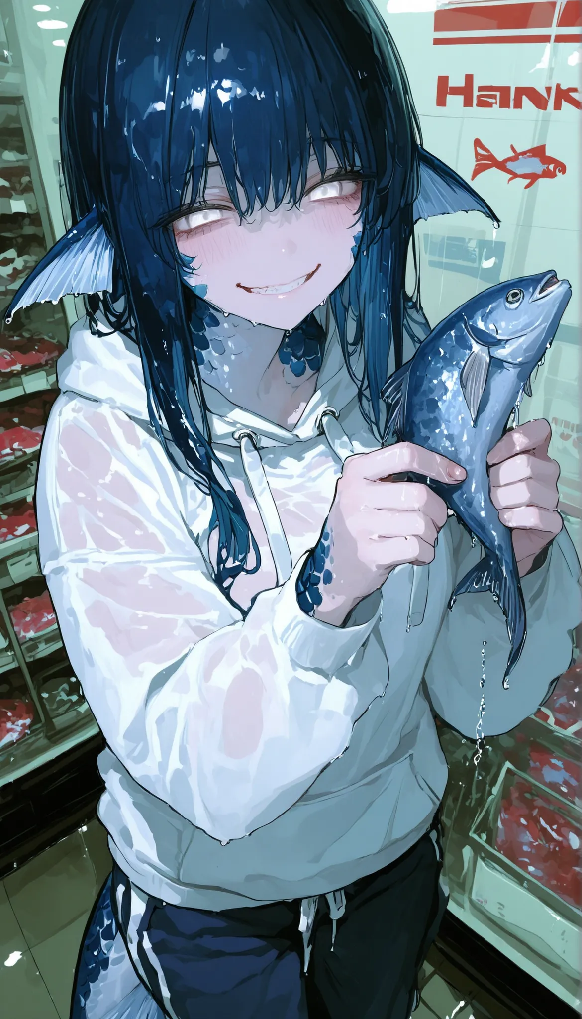 1woman, white graphic hoodie, sweatpants, fish fins, fish girl, holding fish in each hand, grinning, cute, scales, dark blue hair, white eyes, wet skin, store background, beautiful woman