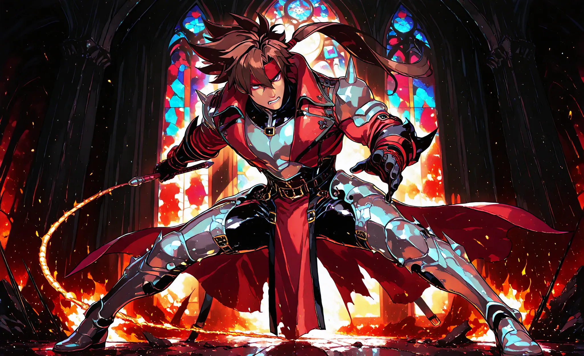 A dramatic battle inside an ancient, ruined gothic cathedral. Nebur Belmont, a rugged vampire hunter with a leather coat, silver armor pieces, and a glowing enchanted whip, stands firmly on the right. His hair is long and dark, eyes focused, radiating dete...