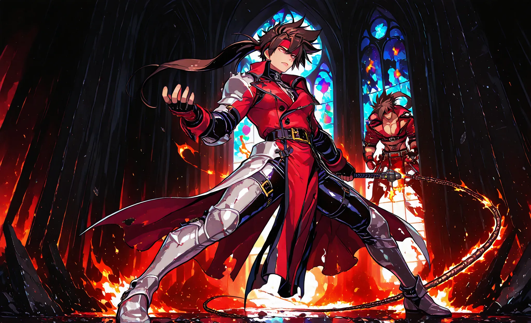 A dramatic battle inside an ancient, ruined gothic cathedral. Nebur Belmont, a rugged vampire hunter with a leather coat, silver armor pieces, and a glowing enchanted whip, stands firmly on the right. His hair is long and dark, eyes focused, radiating dete...