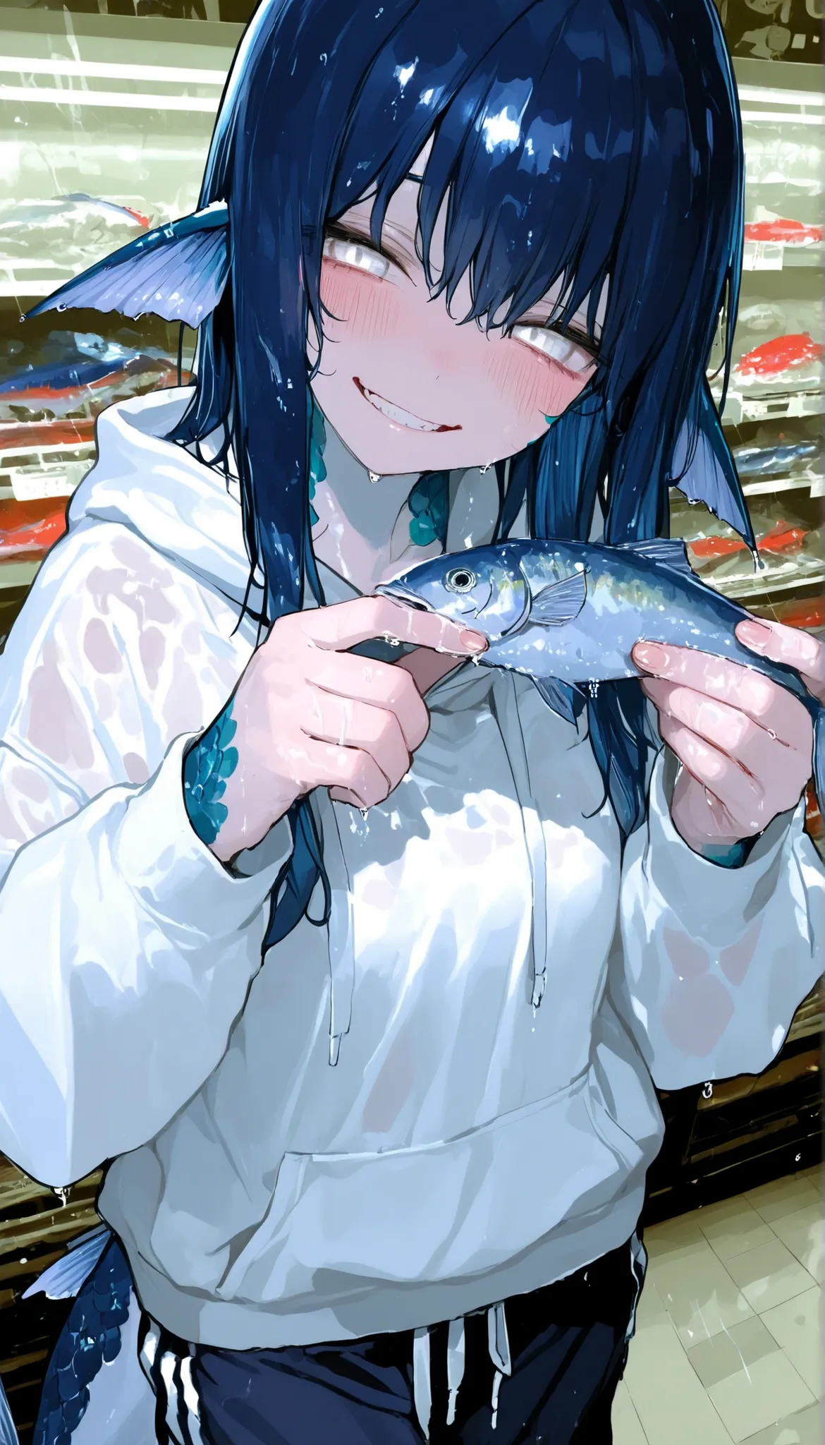 1woman, white graphic hoodie, sweatpants, fish fins, fish girl, holding fish in each hand, grinning, cute, blush, scales, dark blue hair, white eyes, wet skin, store background, beautiful woman