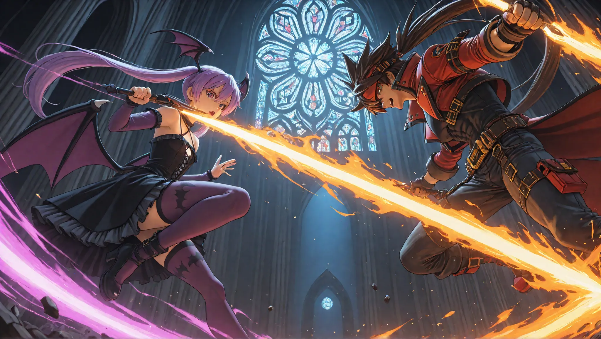 Epic anime-style battle inside a gothic cathedral with shattered stained glass windows. Sol Badguy is on the left, wielding his fire sword in a dramatic pose, flames and energy bursting from his blade. His red coat and headband are flowing, with exaggerate...