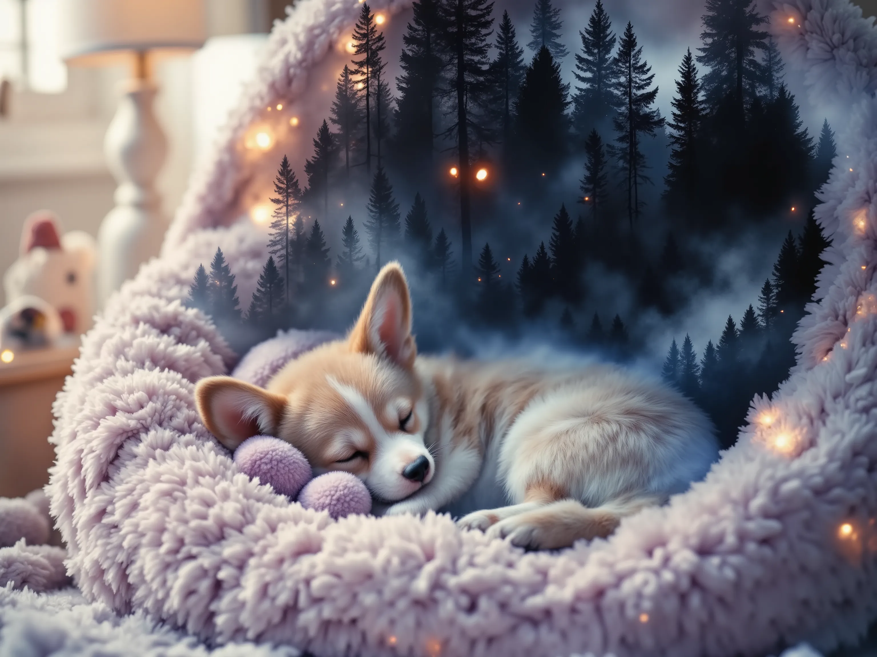complex double exposure high-quality, sleeping corgi puppy in plush designer dog bed, warm ambient nursery light. hyperreal cinematic photoart,cold steel blue, charcoal black, ember red. sharp emotional contrast between safety and primal fear. ultra-detail...