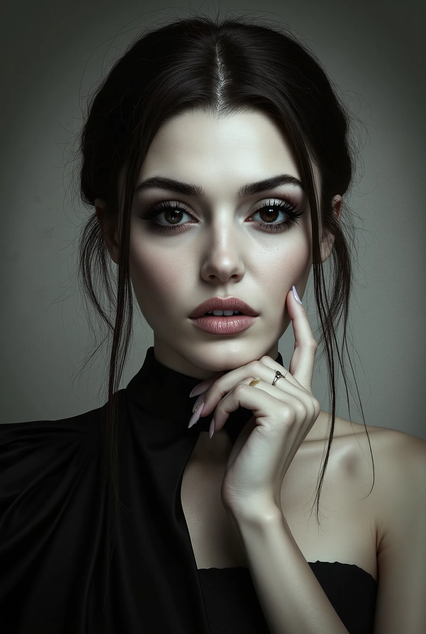 Hande erçel face straight,  lokking Hande erçel's face, she looks with a piercing gaze, a face devoid of emotions, beautiful and sexy but also mysterious and threatening