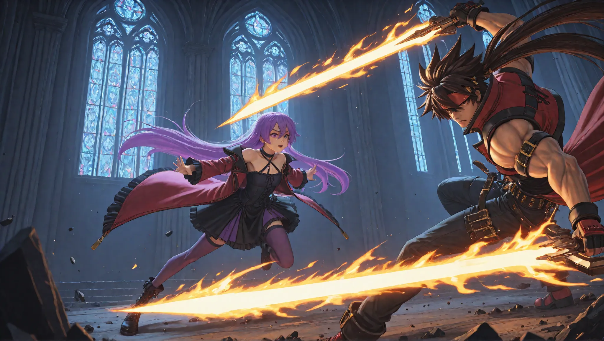 Epic anime-style battle inside a gothic cathedral with shattered stained glass windows. Sol Badguy is on the left, wielding his fire sword in a dramatic pose, flames and energy bursting from his blade. His red coat and headband are flowing, with exaggerate...
