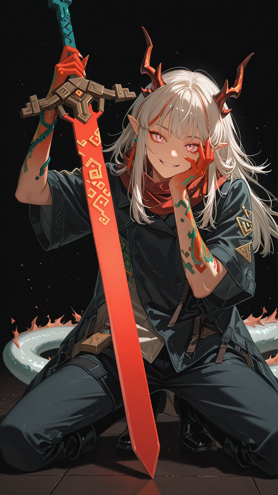 Solo, 1 boy, young boy, 20 years old, androgynous boy, facing the viewer, white hair, long bangs, pink eyes with red glow, perfect anatomy, student, horns similar to Nian from Arknights, horns with the same color as the eyes, fierce face, provocative face,...