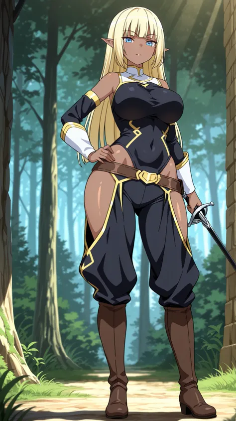 Highest quality, Highest quality, high quality illustrations, masterpiece, ultra high resolution, detailed background, is absurd, perfect anatomy, Performance, good lighting, (masterpiece) 1girl , dark elf girl , chocolate skin , wide hips , thick hips , b...