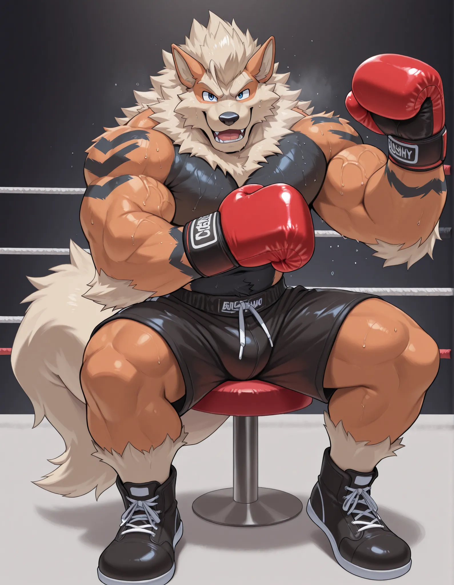 Arcanine, anthro male, high quality, full body, looking at viewer, solo, boxing ring background, red boxing gloves, thick very veiny arms, bulging muscular, black boxing shorts, black boxing shoes, heavyweight boxing champion, bushy eyebrows, glistening fu...