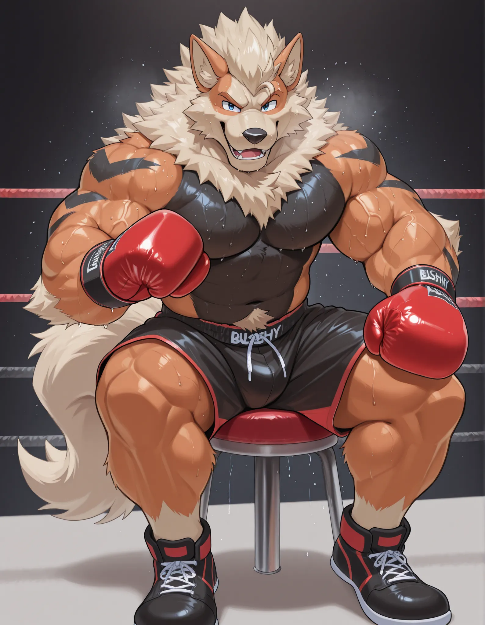 Arcanine, anthro male, high quality, full body, looking at viewer, solo, boxing ring background, red boxing gloves, thick very veiny arms, bulging muscular, black boxing shorts, black boxing shoes, heavyweight boxing champion, bushy eyebrows, glistening fu...