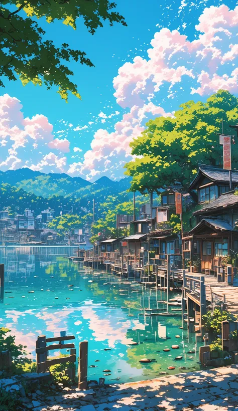 anime style, peaceful lakeside Japanese street, traditional wooden shops with hanging signs, clear blue sky with large fluffy clouds, bright sunlight casting shadows, crystal-clear water with visible stones, cobblestone path along the lake, lush green tree...