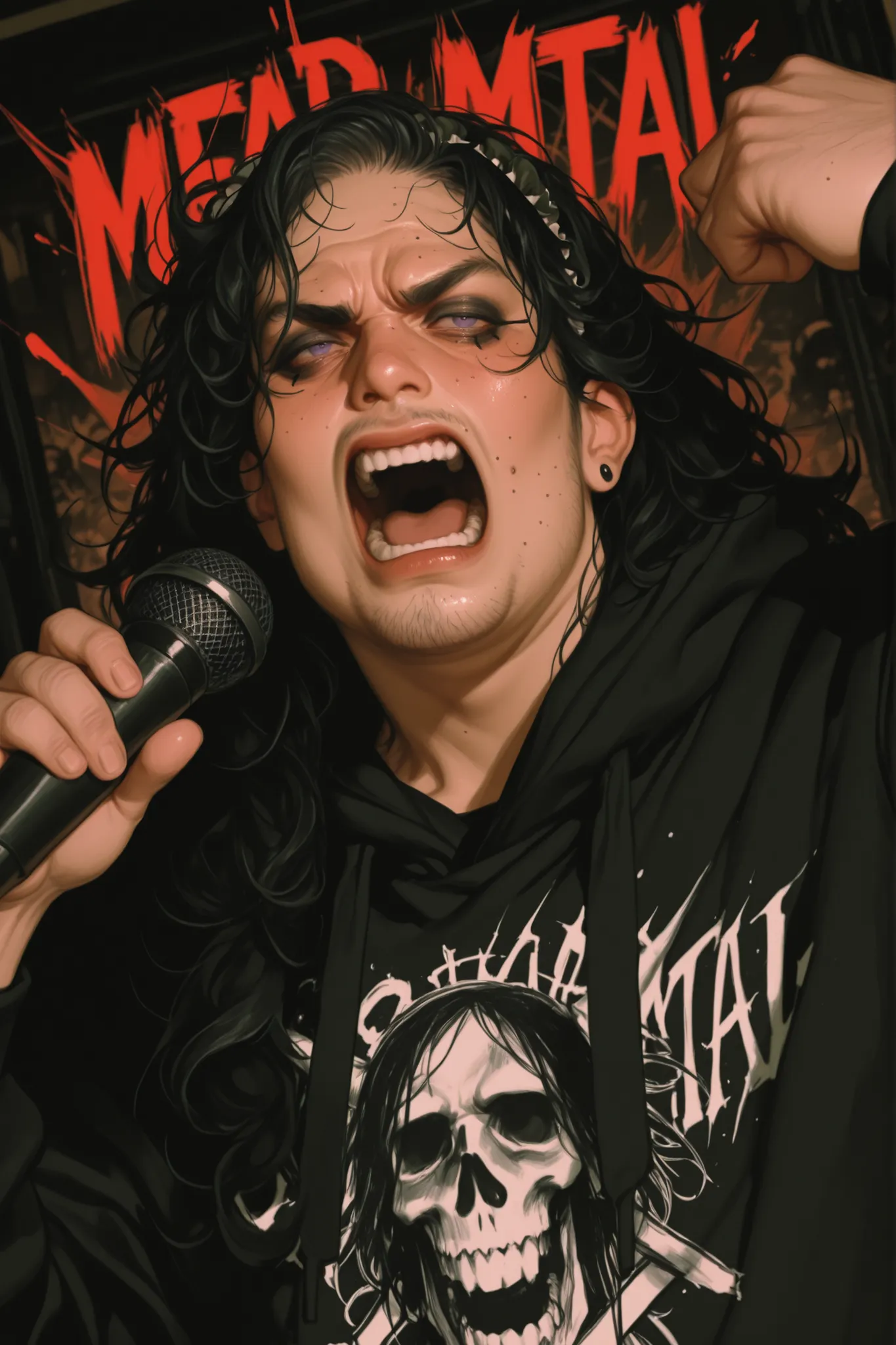 1 boy, chubby grunge goth themed nerdy boy in his 20s, chubby, plus size. fat cherubic face, black hoodie, short facial hair, acne on face, long greasy black long hair curly hair, black cascading hair, mean looking, emo make up, makeup, goth make up, deat...