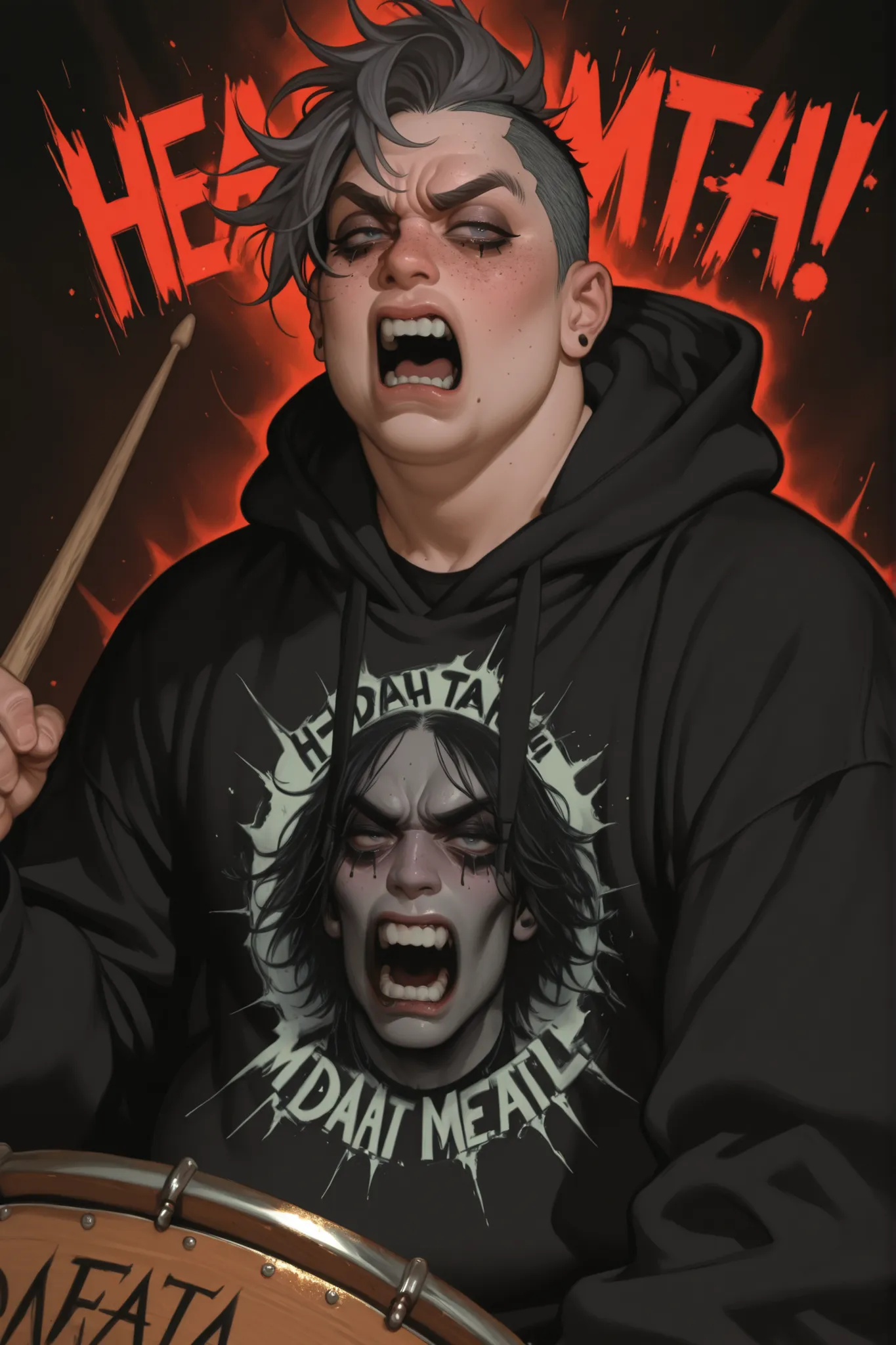 1 boy, chubby grunge goth themed nerdy boy in his 20s, chubby, plus size. cherubic face, black hoodie, freckles, grey mohawk, mean looking, emo make up, makeup, goth make up, death metal band, emo mascara, paint make up, punk, dynamic pose, holding woode...