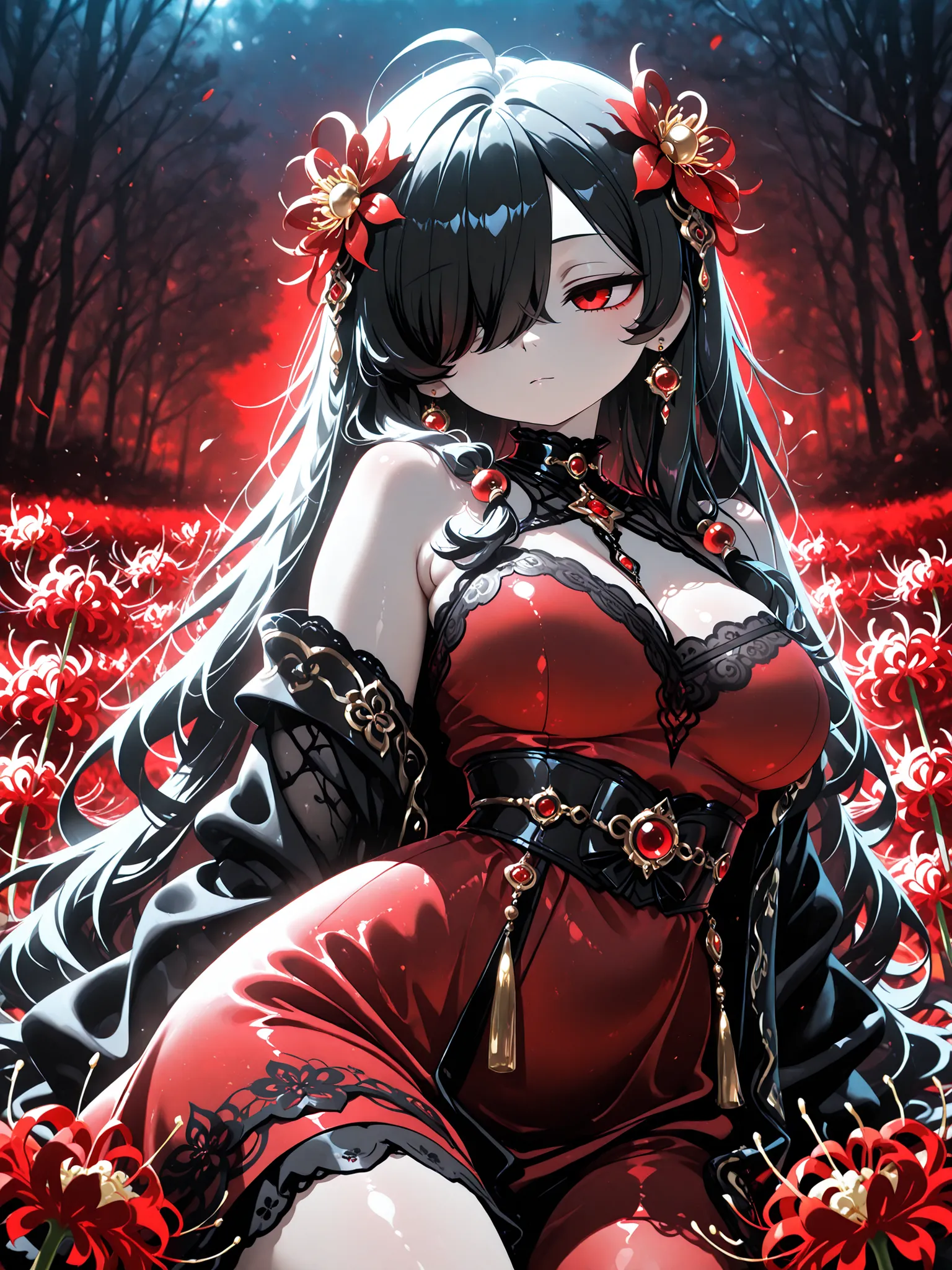 1girl, Kuroki Monika, black hair, very long hair, hair over right eye, red eyes, large breasts, (petite but curvy, very cute), low eyes, ,changli, ahoge, bare_shoulders, black_collar, dress, earrings, hair_intakes, hair_ornament, layered_dress, open_cloth...