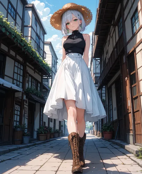 (masterpiece)、(Highest Quality)、(((score_core_8_up、score_7_up、score_6_up、score_5_up、score_4_up )))、perfect face、very detailed face、very detailed face、beautiful girl、8k,  high definition、sketch、Shiny skin 、1 woman、white hair、medium hair、green eyes、BREAK、bla...