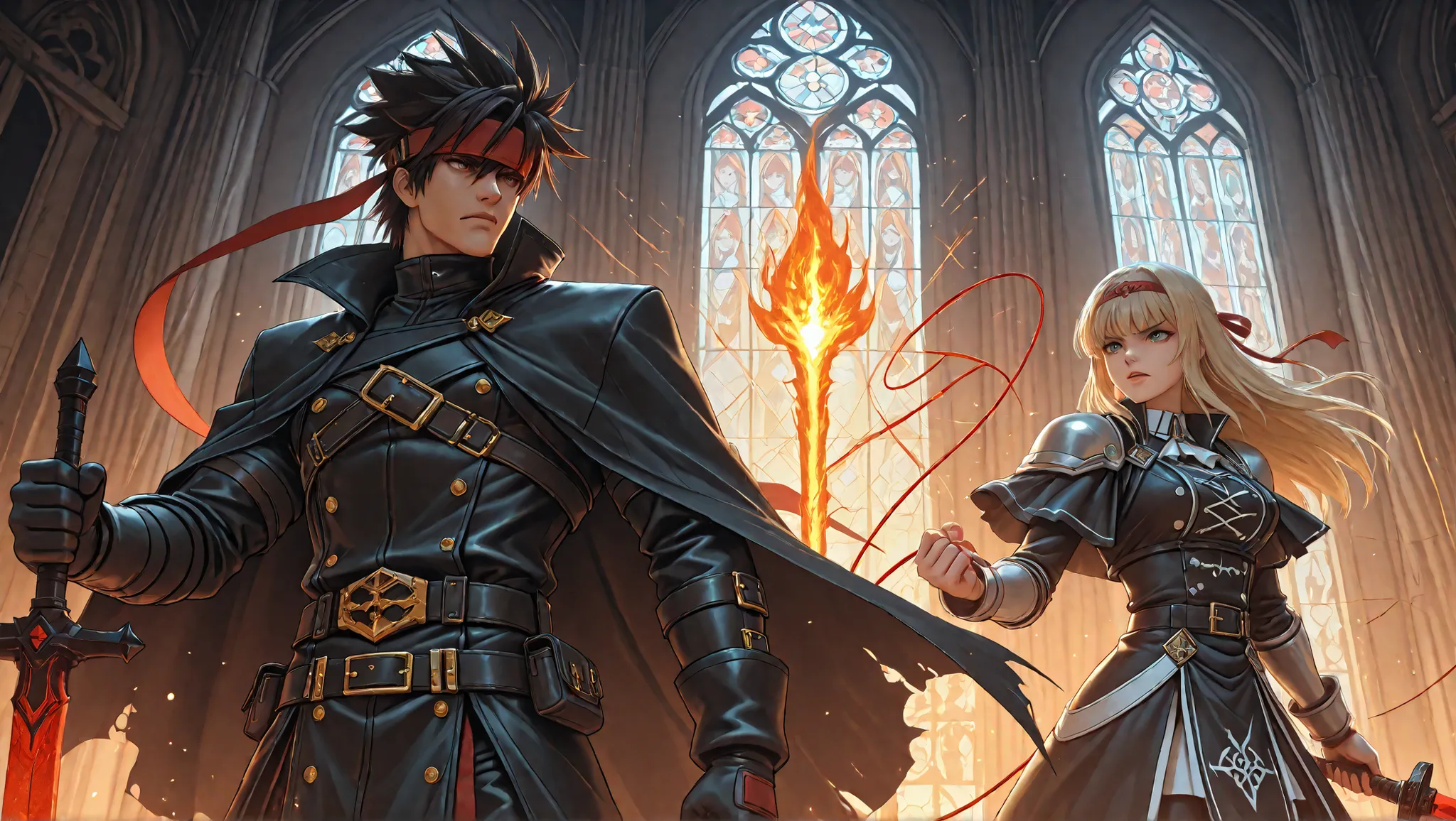 Epic anime-style fight scene inside a massive gothic cathedral. Nebur Belmont, a new vampire hunter of the Belmont clan, swings his glowing whip with holy light energy, wearing a dark leather cloak with crosses and silver armor. His stance is sharp and bat...