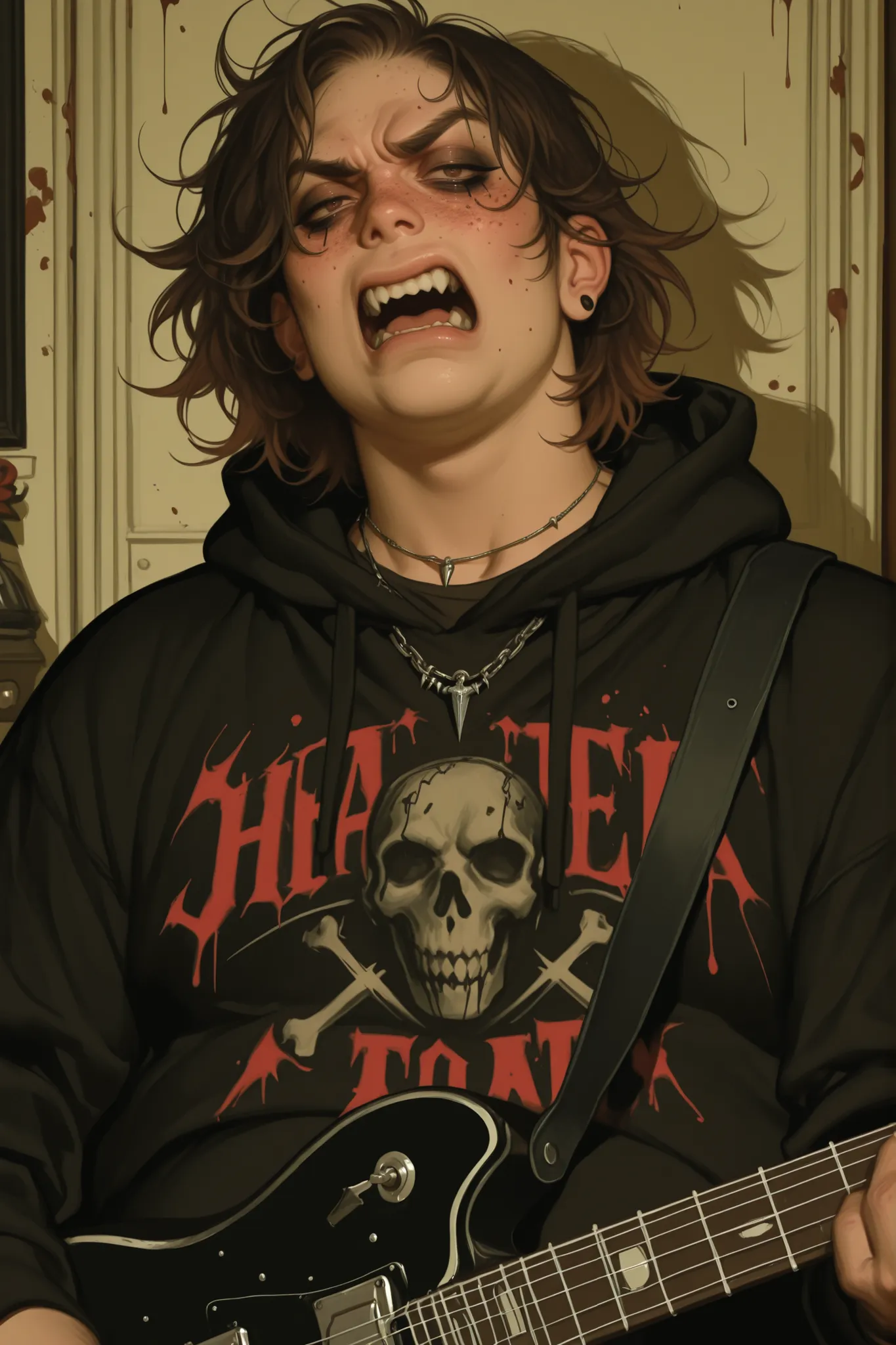 1 boy, chubby grunge goth themed nerdy boy in his 20s, chubby, plus size. cherubic face, black hoodie, freckles, short spikey brown hair, frosted tips brown hair, mean looking, emo make up, makeup, goth make up, death metal band, emo eyeliner, paint make...