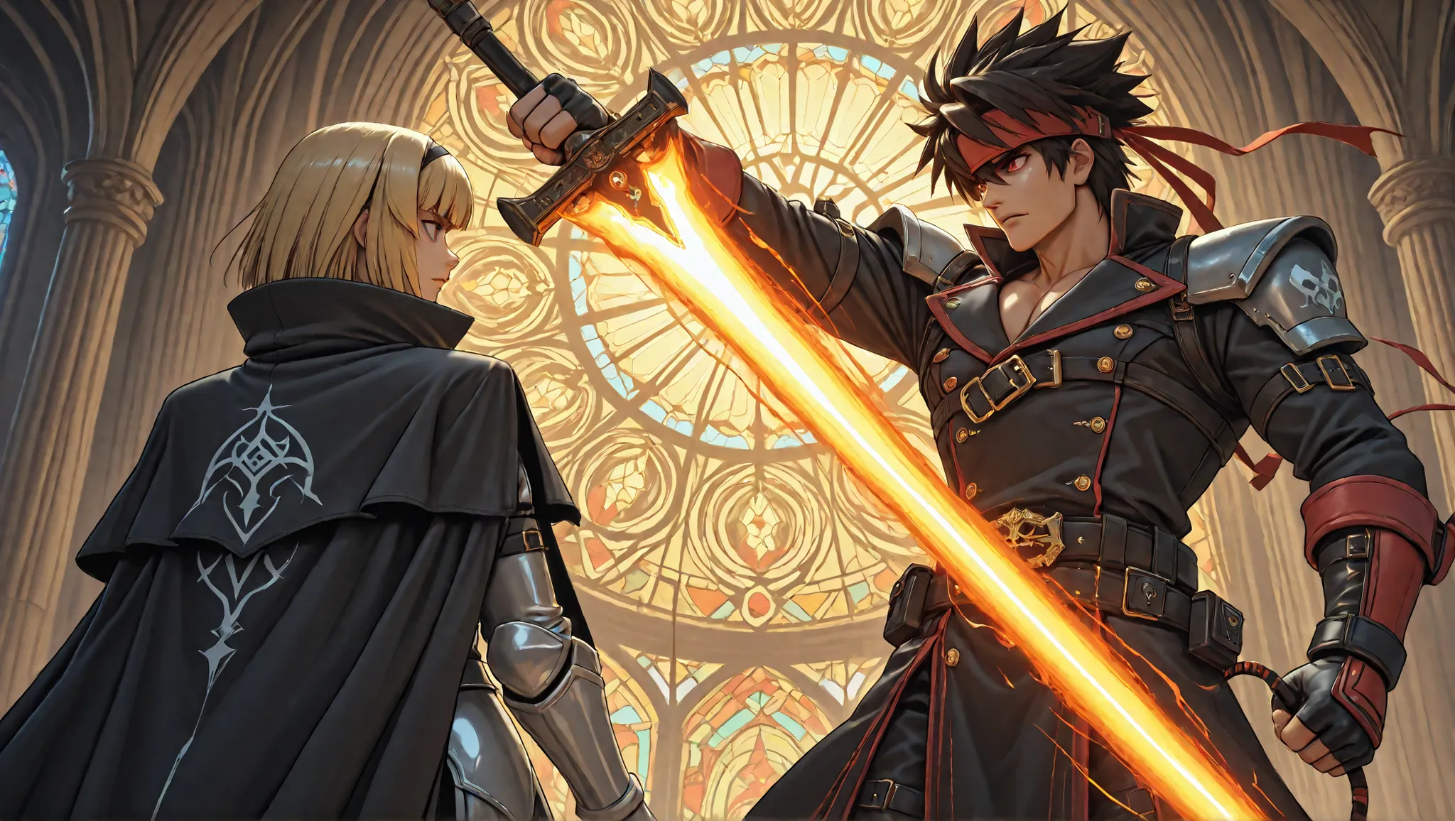 Epic anime-style fight scene inside a massive gothic cathedral. Nebur Belmont, a new vampire hunter of the Belmont clan, swings his glowing whip with holy light energy, wearing a dark leather cloak with crosses and silver armor. His stance is sharp and bat...